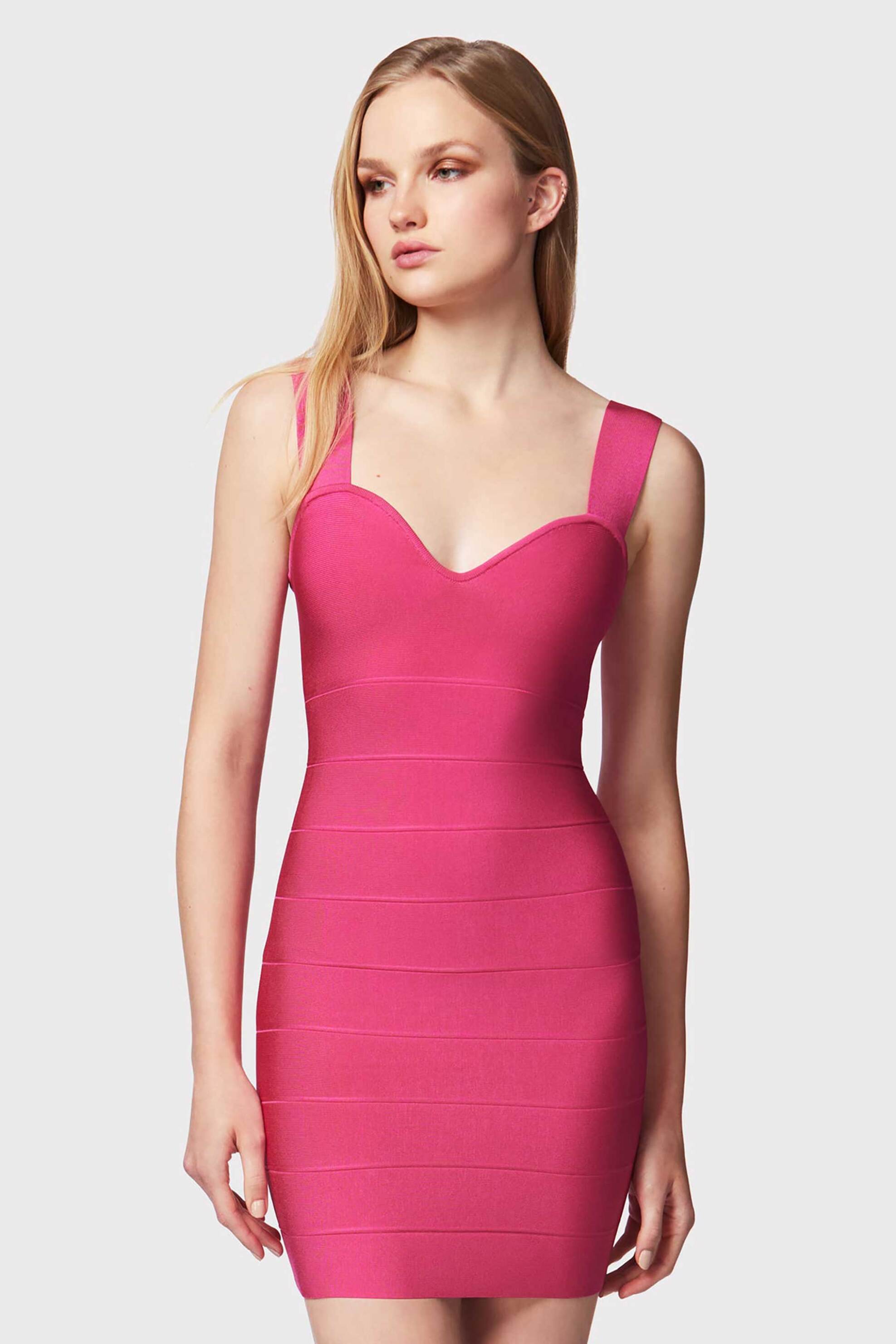 Herve Leger γυναικείο mini φόρεμα μονόχρωμο με φαρδιές τιράντες "Icon Strappy" - ICO8393865 Φούξια φωτογραφία