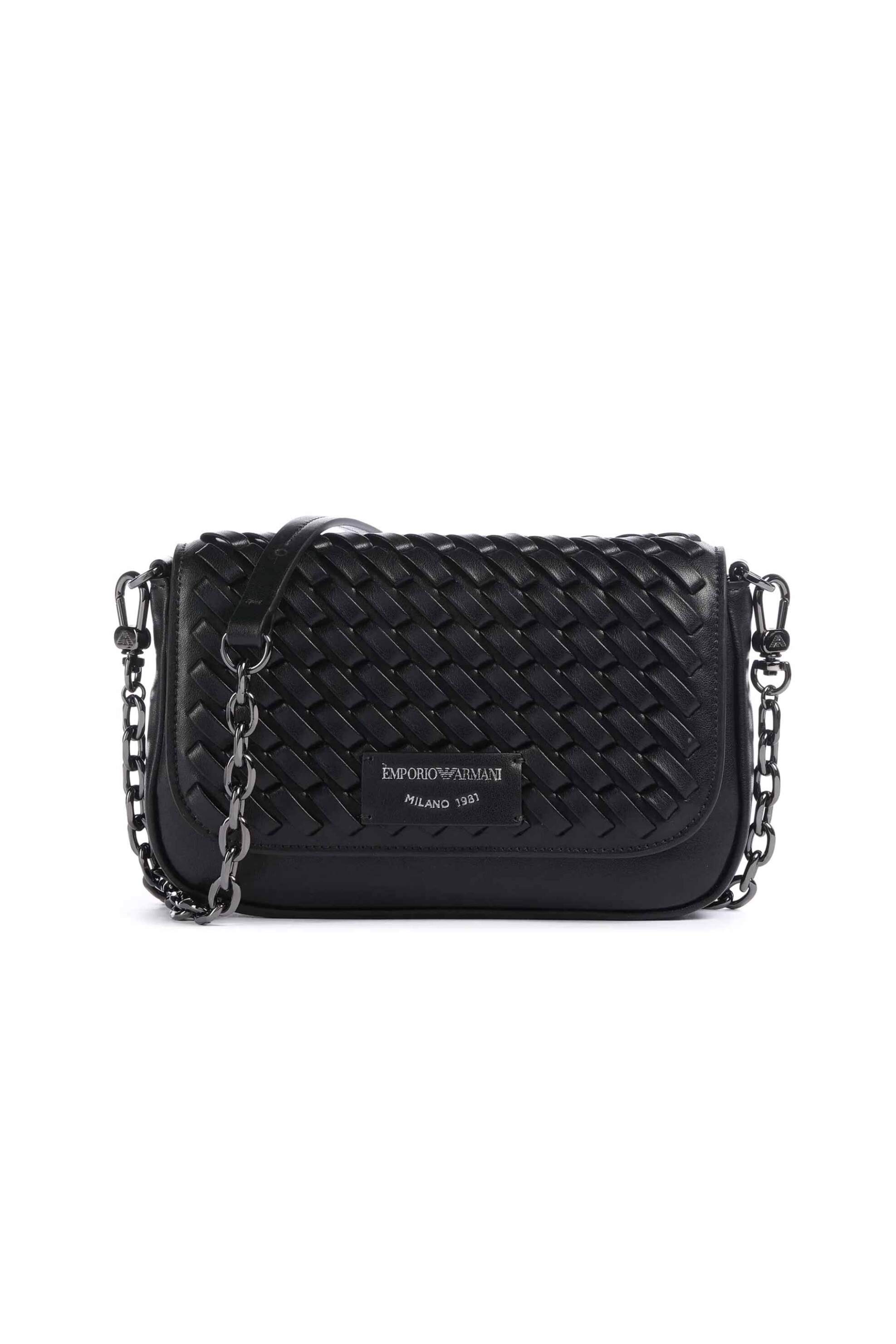 Emporio Armani γυναικεία δερμάτινη τσάντα crossbody με πλεκτό σχέδιο και λογότυπο - EW001923AF15874 Μαύρο