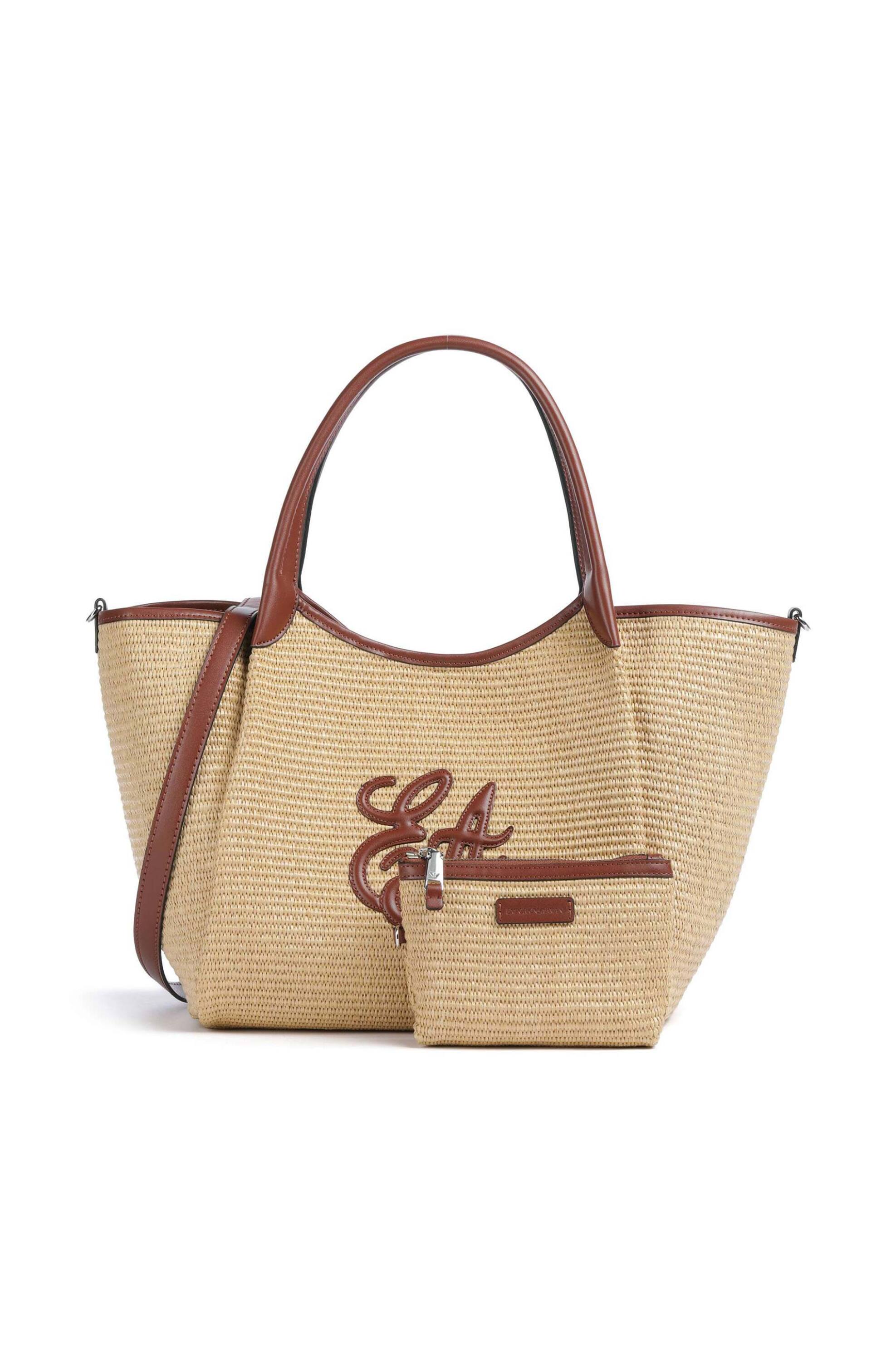Emporio Armani γυναικεία ψάθινη τσάντα tote με monogram (M/L) - EW001009AF25819 Καφέ