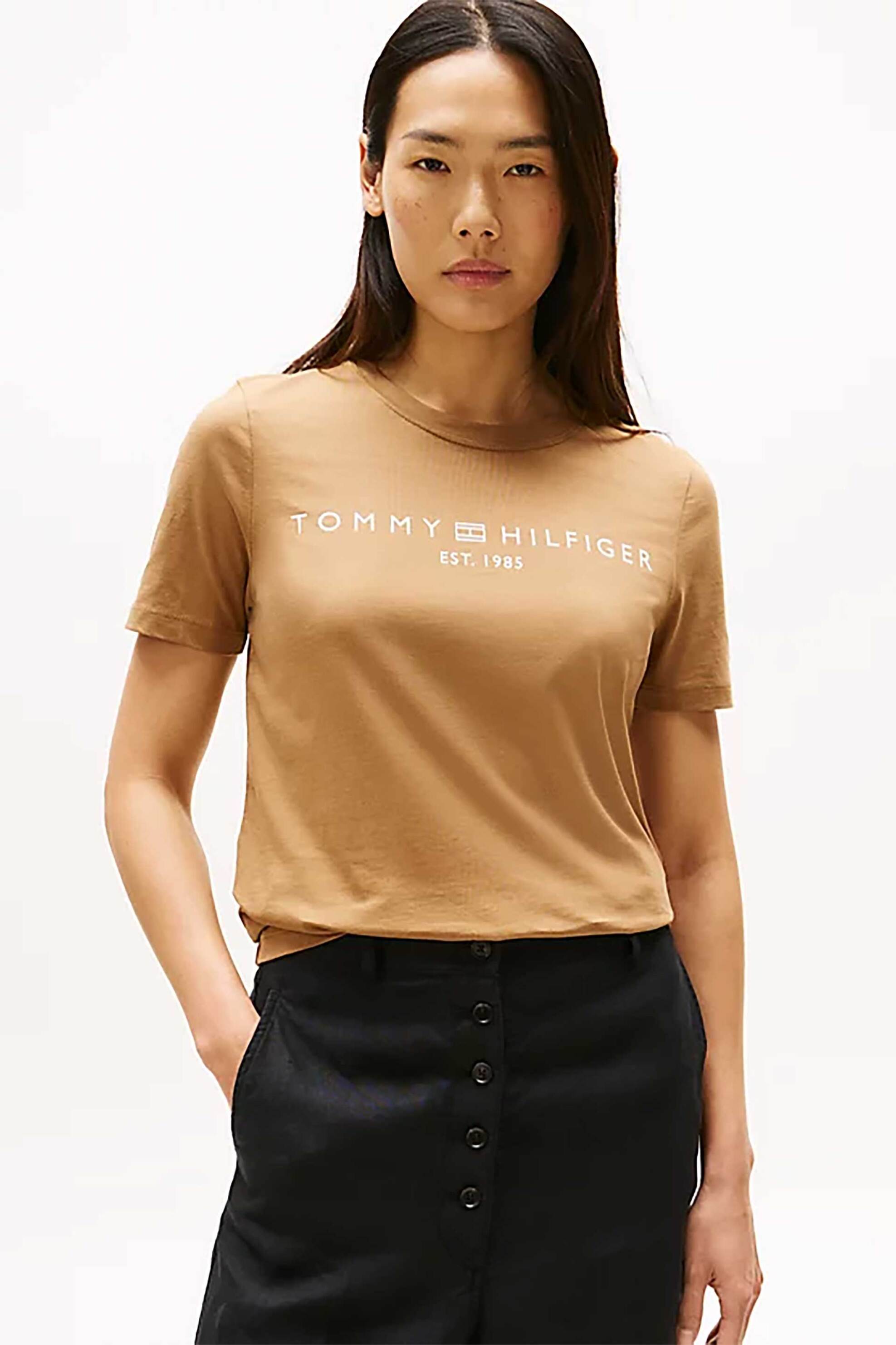 Tommy Hilfiger γυναικείο T-shirt με logo print Regular Fit - WW0WW40276 Καφέ