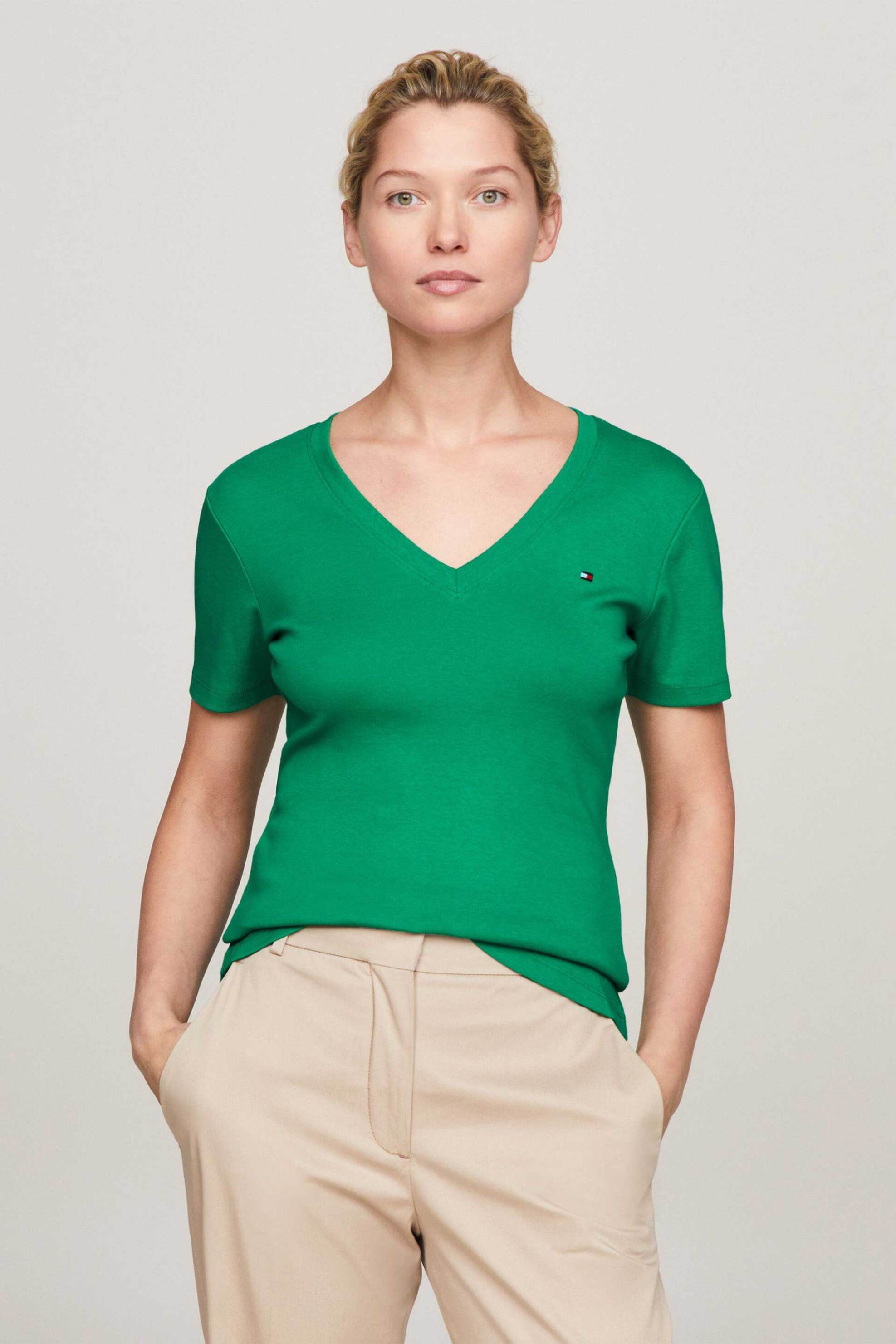  Tommy Hilfiger γυναικείο T-shirt με V λαιμόκοψη και κεντημένο λογότυπο Slim Fit - WW0WW40584 Πράσινο Tropical 2025