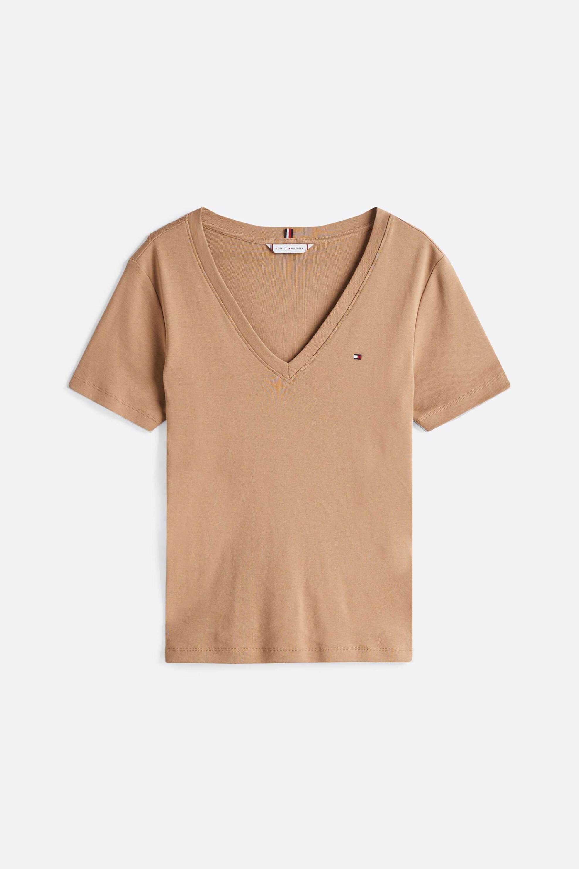 Tommy Hilfiger γυναικείο T-shirt με V λαιμόκοψη και κεντημένο λογότυπο Slim Fit - WW0WW40584 Καφέ