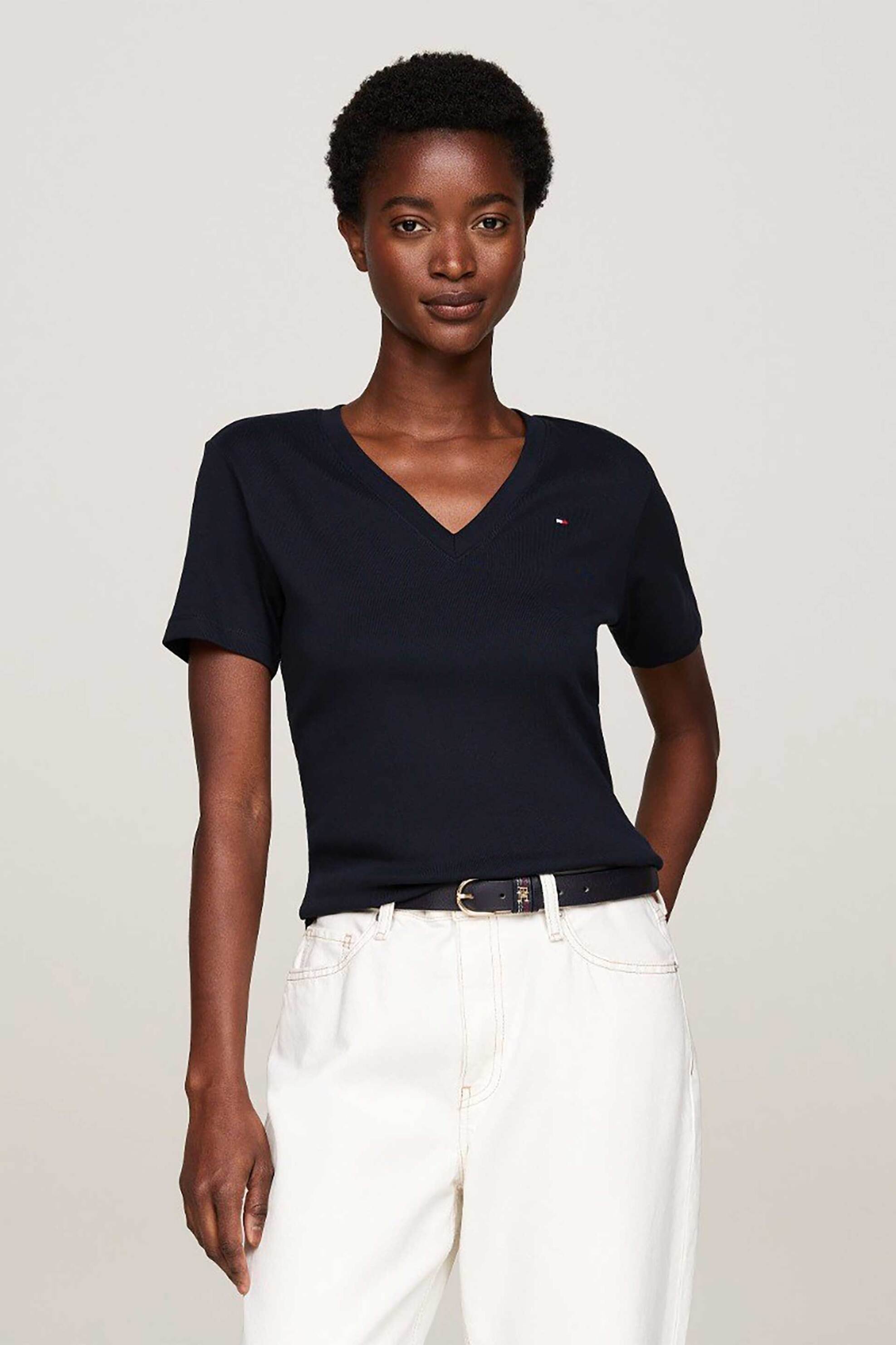 Tommy Hilfiger γυναικείο T-shirt με V λαιμόκοψη και κεντημένο λογότυπο Slim Fit - WW0WW40584 Σκούρο Μπλε