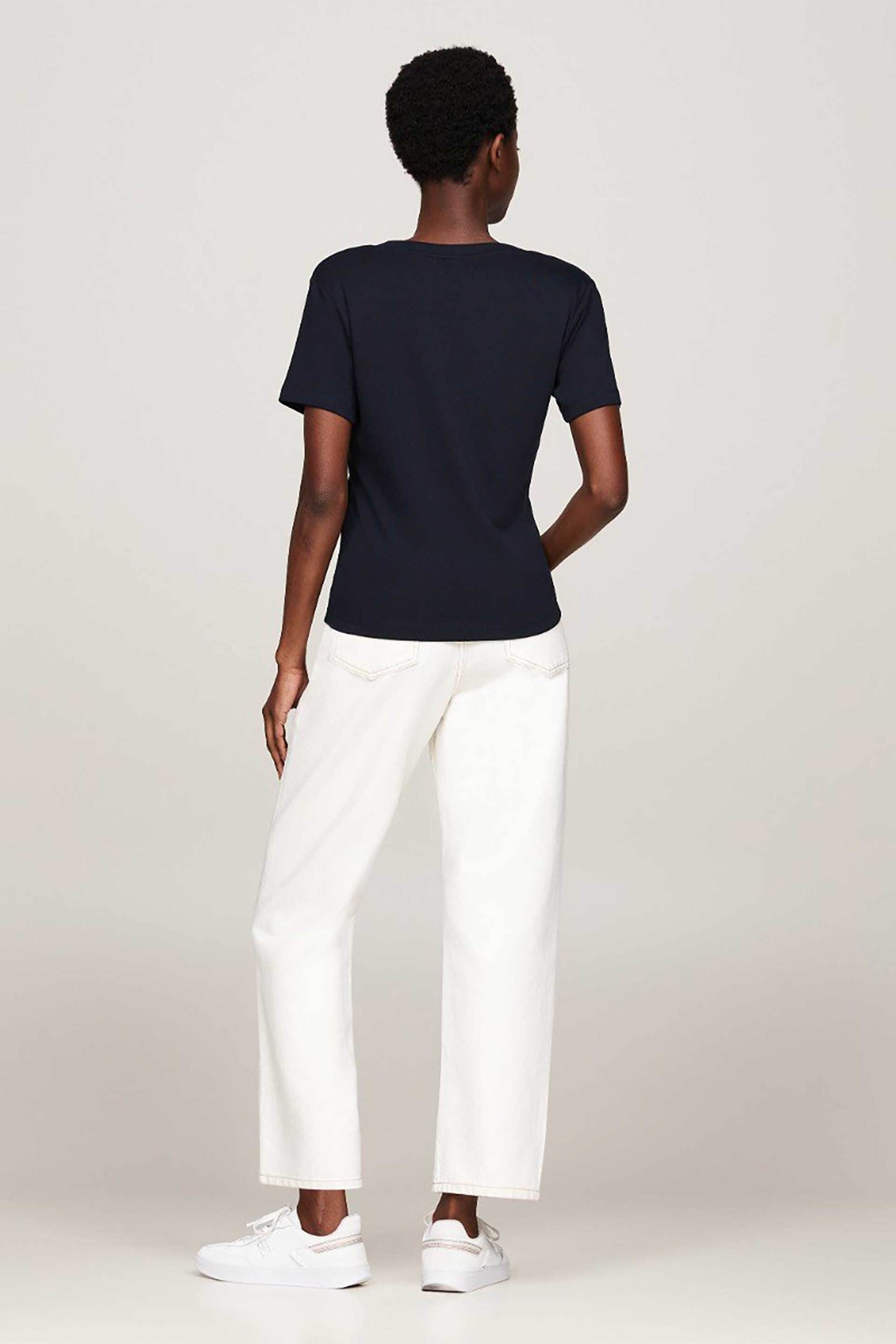 Tommy Hilfiger Γυναικείο T-Shirt με V Λαιμόκοψη Και Κεντημένο Λογότυπο Slim Fit - Ww0Ww40584 Σκούρο Μπλε
