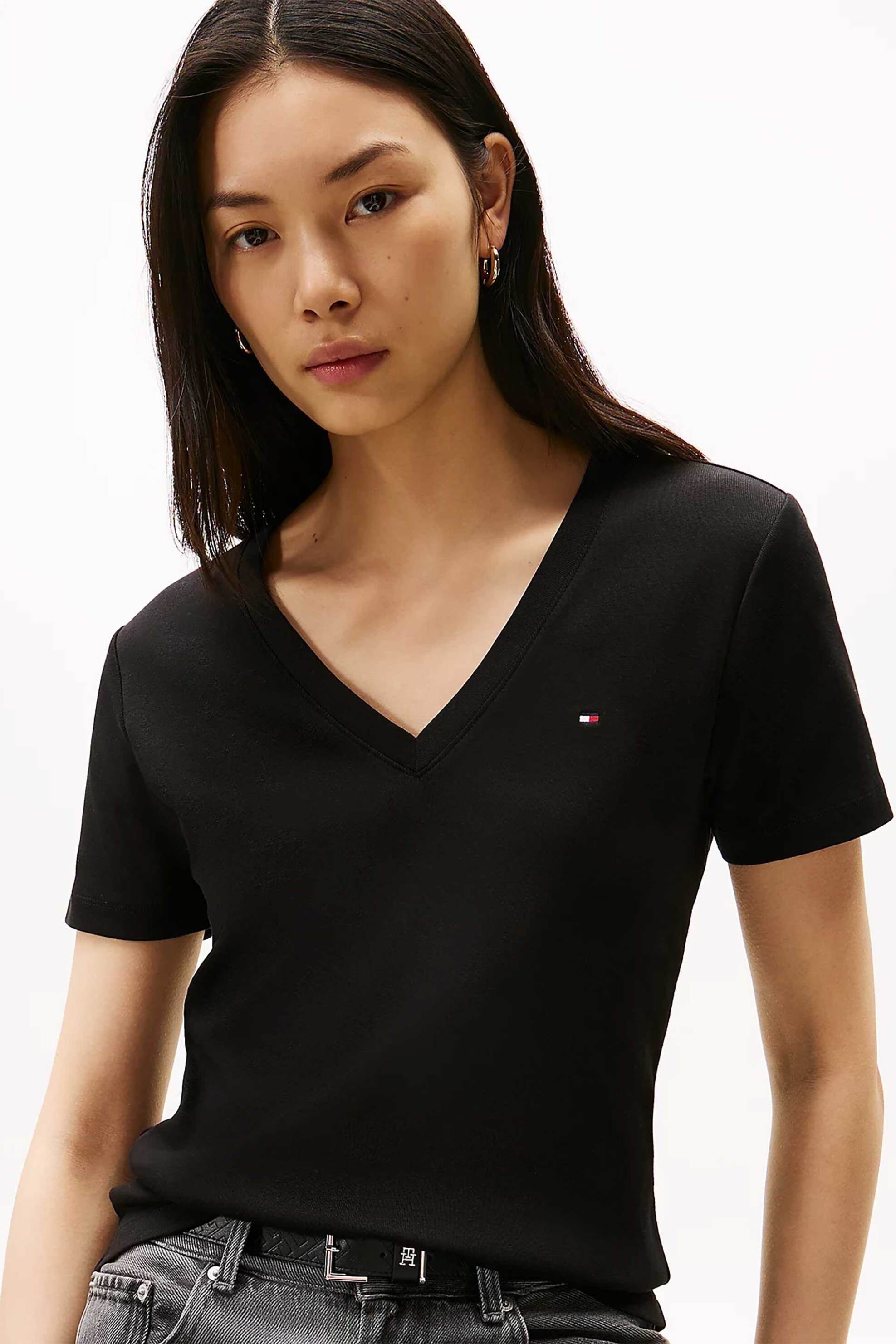 Tommy Hilfiger γυναικείο T-shirt με V λαιμόκοψη και κεντημένο λογότυπο Slim Fit | S