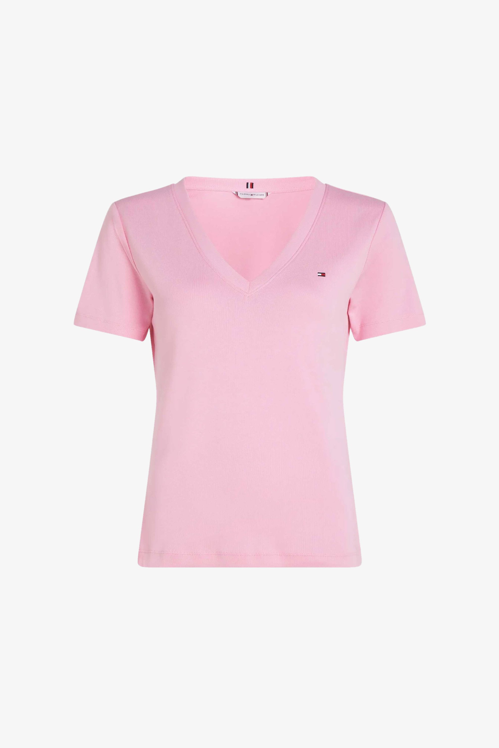 Tommy Hilfiger γυναικείο T-shirt με V λαιμόκοψη και κεντημένο λογότυπο Slim Fit - WW0WW40584 Ροζ