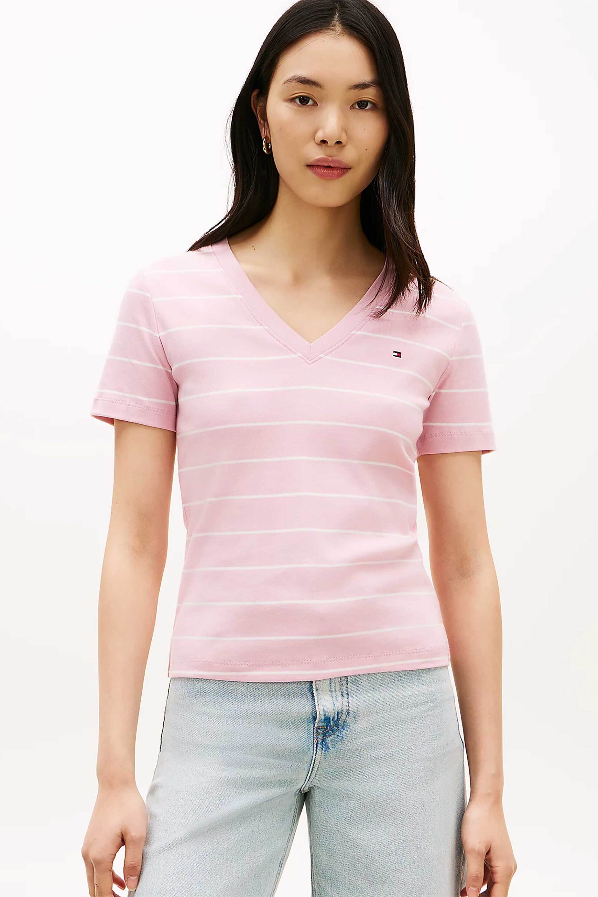 TOMMY HILFIGER Tommy Hilfiger γυναικείο T-shirt με V λαιμόκοψη και κεντημένο λογότυπο Slim Fit - WW0WW40584 Ροζ Pastel