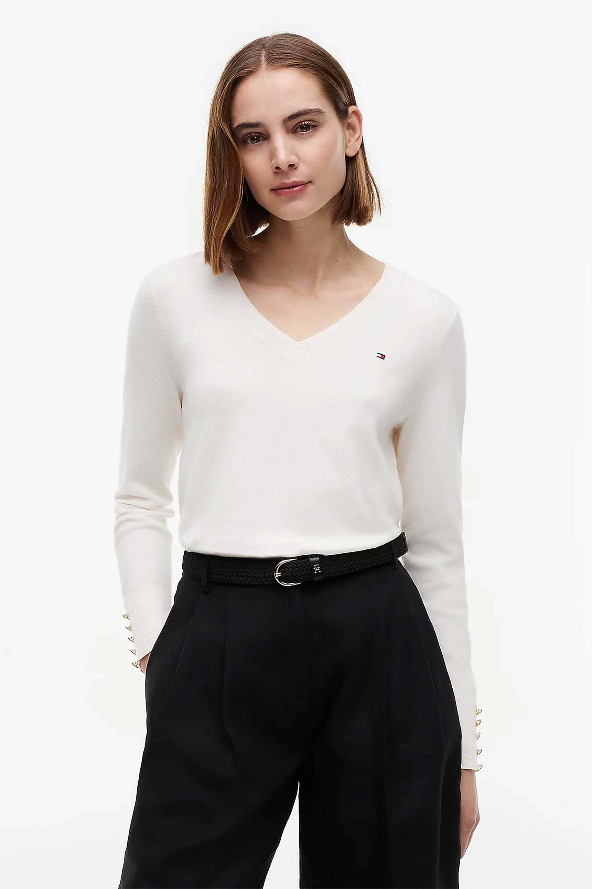 Tommy Hilfiger γυναικείο πουλόβερ με V και κεντημένο λογότυπο Regular Fit - WW0WW40098 Λευκό
