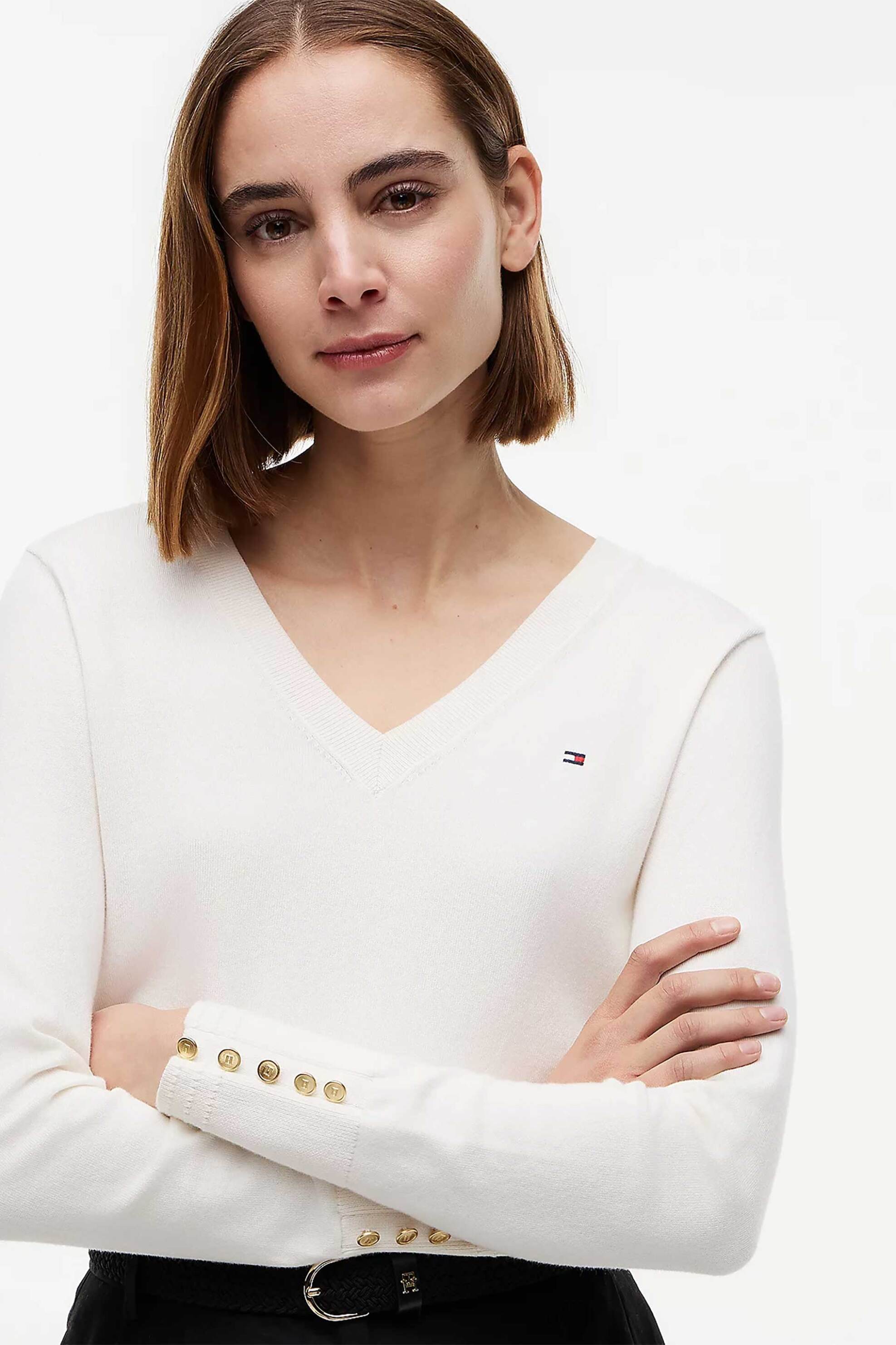 Tommy Hilfiger γυναικείο πουλόβερ με V και κεντημένο λογότυπο Regular Fit - WW0WW40098 Λευκό