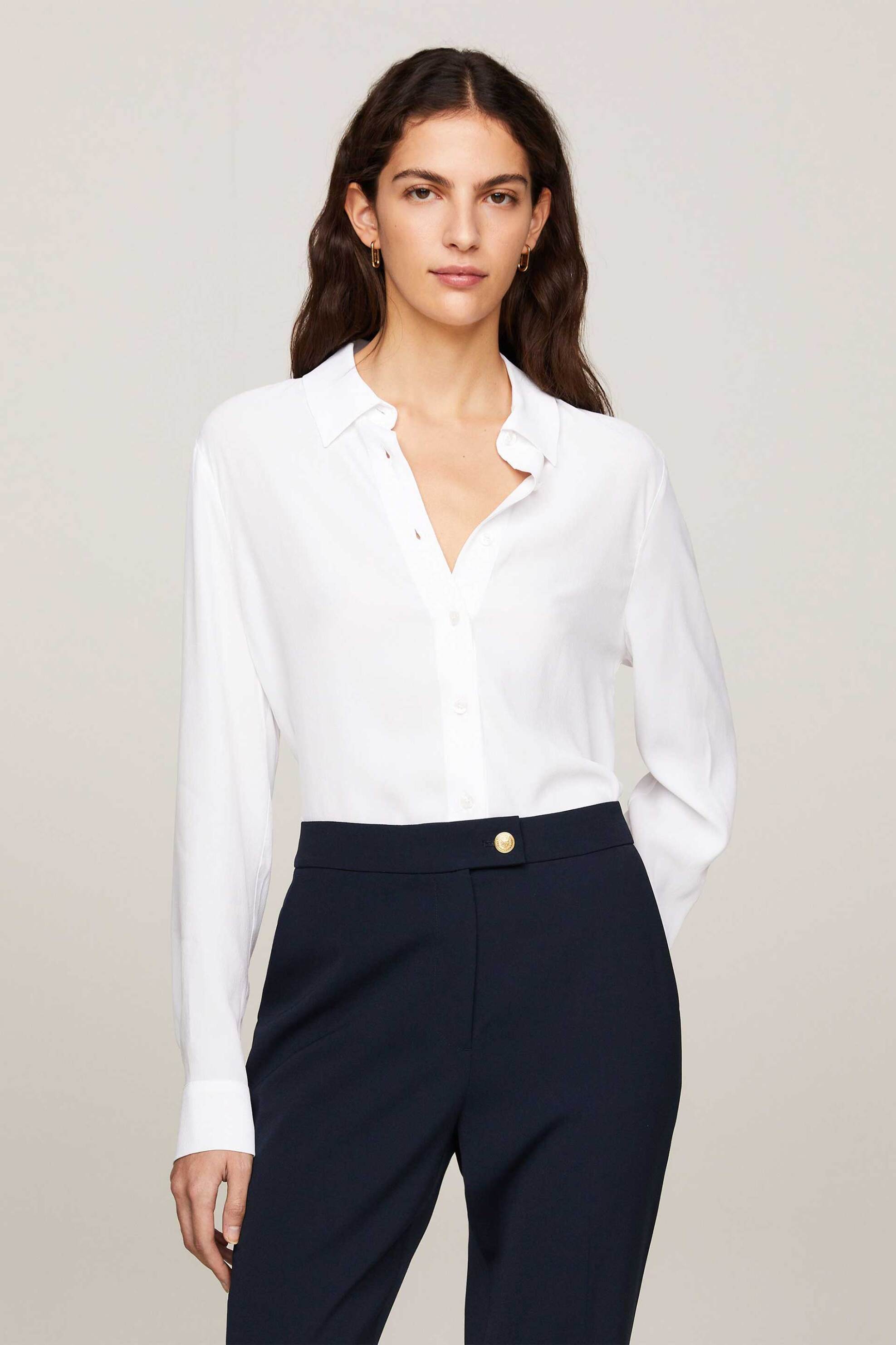  Tommy Hilfiger γυναικείο πουκάμισο μονόχρωμο με μεταλλική λεπτομέρεια στο πλάι - WW0WW40535 Λευκό 2025
