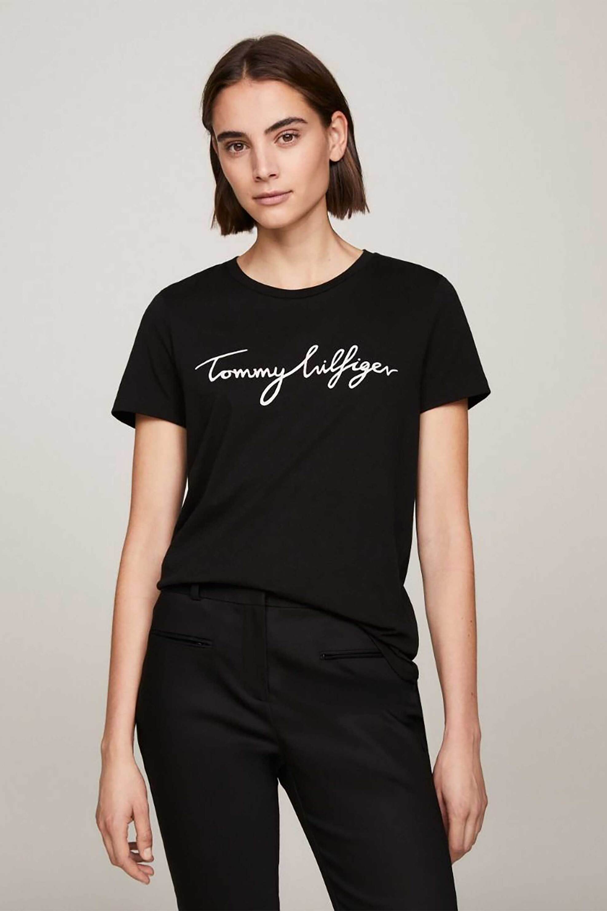 Γυναίκα > ΡΟΥΧΑ > Tops > T-Shirts Tommy Hilfiger γυναικείο βαμβακερό T-shirt μονόχρωμο με contrast logo print - WW0WW24967 Μαύρο