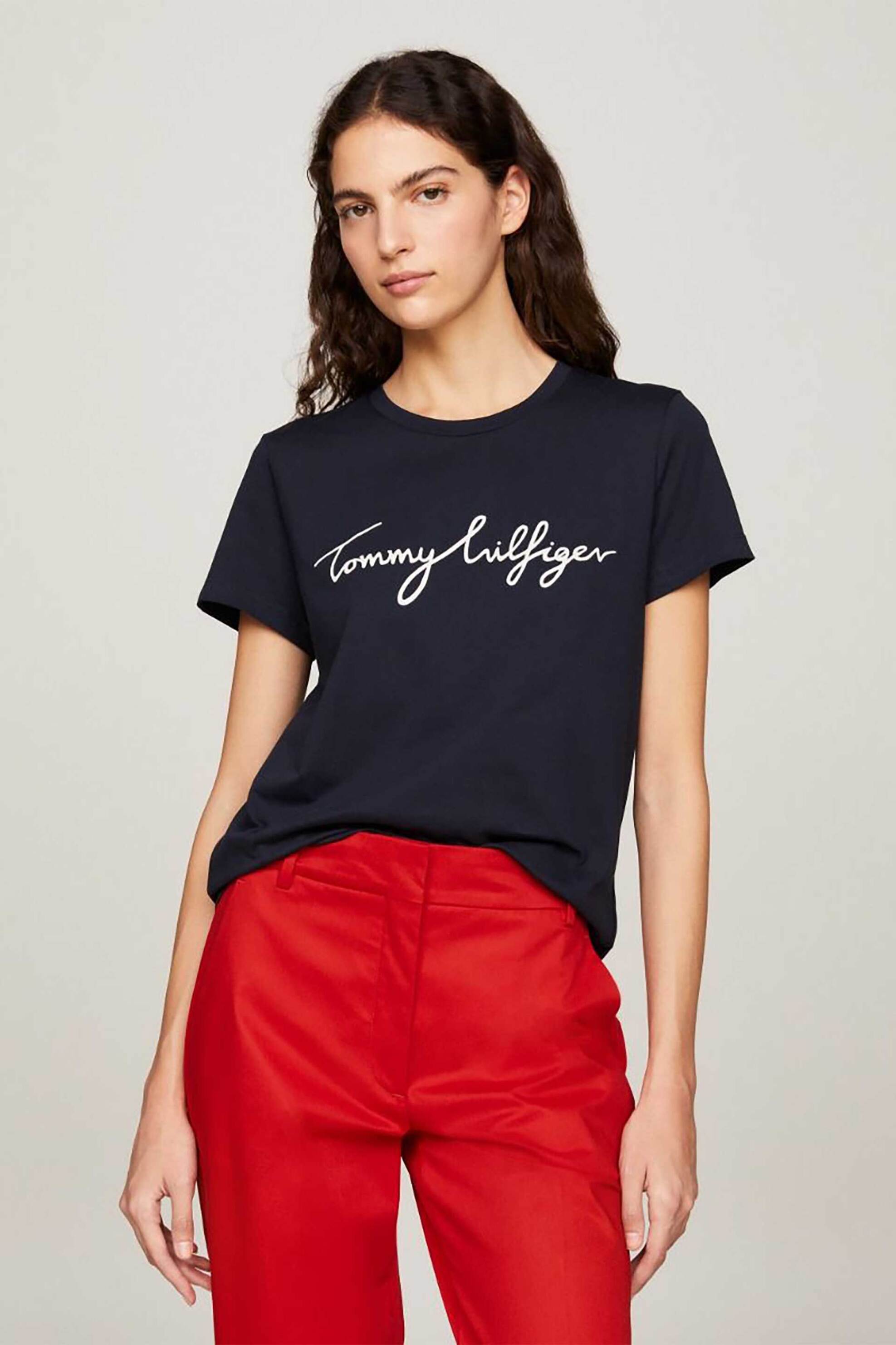 Γυναίκα > ΡΟΥΧΑ > Tops > T-Shirts Tommy Hilfiger γυναικείο βαμβακερό T-shirt μονόχρωμο με contrast logo print - WW0WW24967 Μπλε Σκούρο