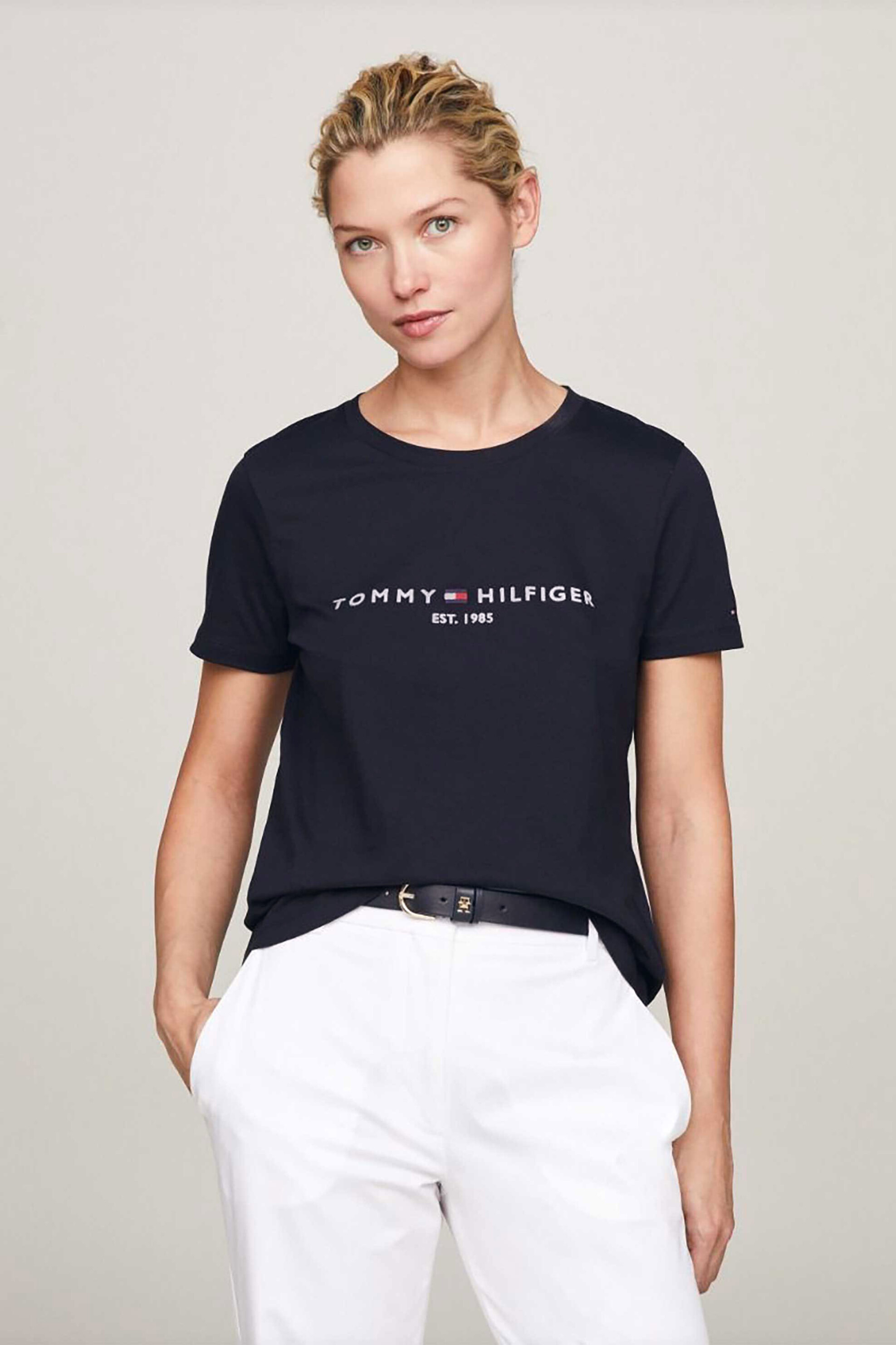 Tommy Hilfiger γυναικείο βαμβακερό T-shirt μονόχρωμο με contrast logo print - WW0WW31999 Σκούρο Μπλε