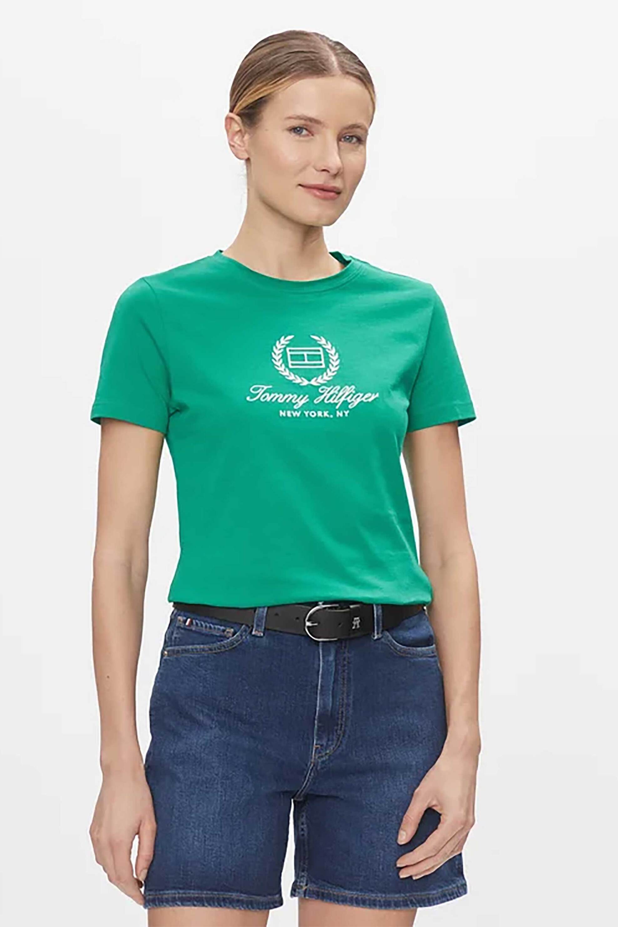 Γυναίκα > ΡΟΥΧΑ > Tops > T-Shirts Tommy Hilfiger γυναικείο T-shirt μονόχρωμο με contrast logo print Slim fit - WW0WW41761 Πράσινο Tropical