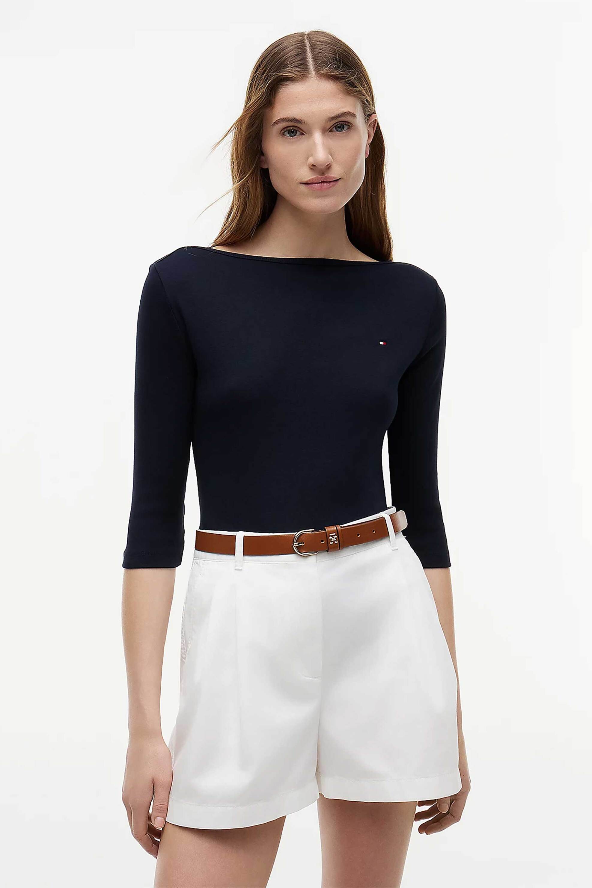 TOMMY HILFIGER Tommy Hilfiger γυναικεία μπλούζα με κεντημένο λογότυπο και μανίκι 3/4 Slim Fit - WW0WW40589 Μπλε Σκούρο