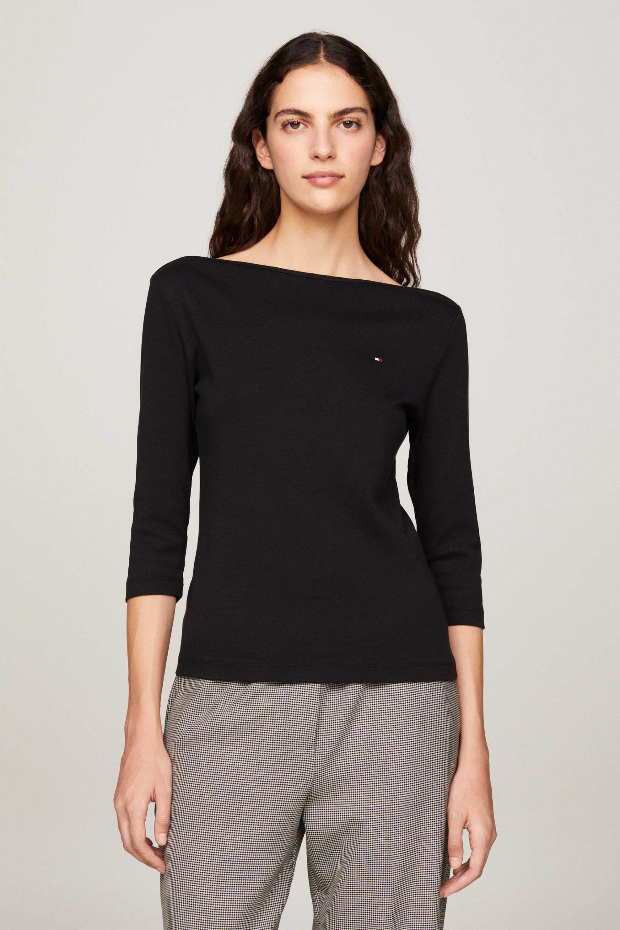 Tommy Hilfiger γυναικεία μπλούζα με κεντημένο λογότυπο και μανίκι 3/4 Slim Fit - WW0WW40589 Μαύρο