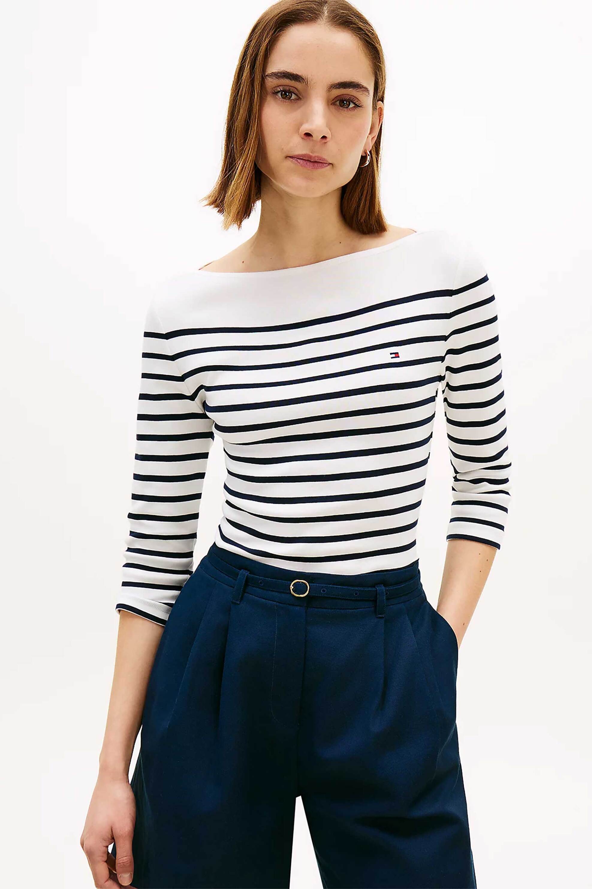 TOMMY HILFIGER Tommy Hilfiger γυναικεία μπλούζα με κεντημένο λογότυπο και μανίκι 3/4 Slim Fit - WW0WW40589 Λευκό - Μπλε