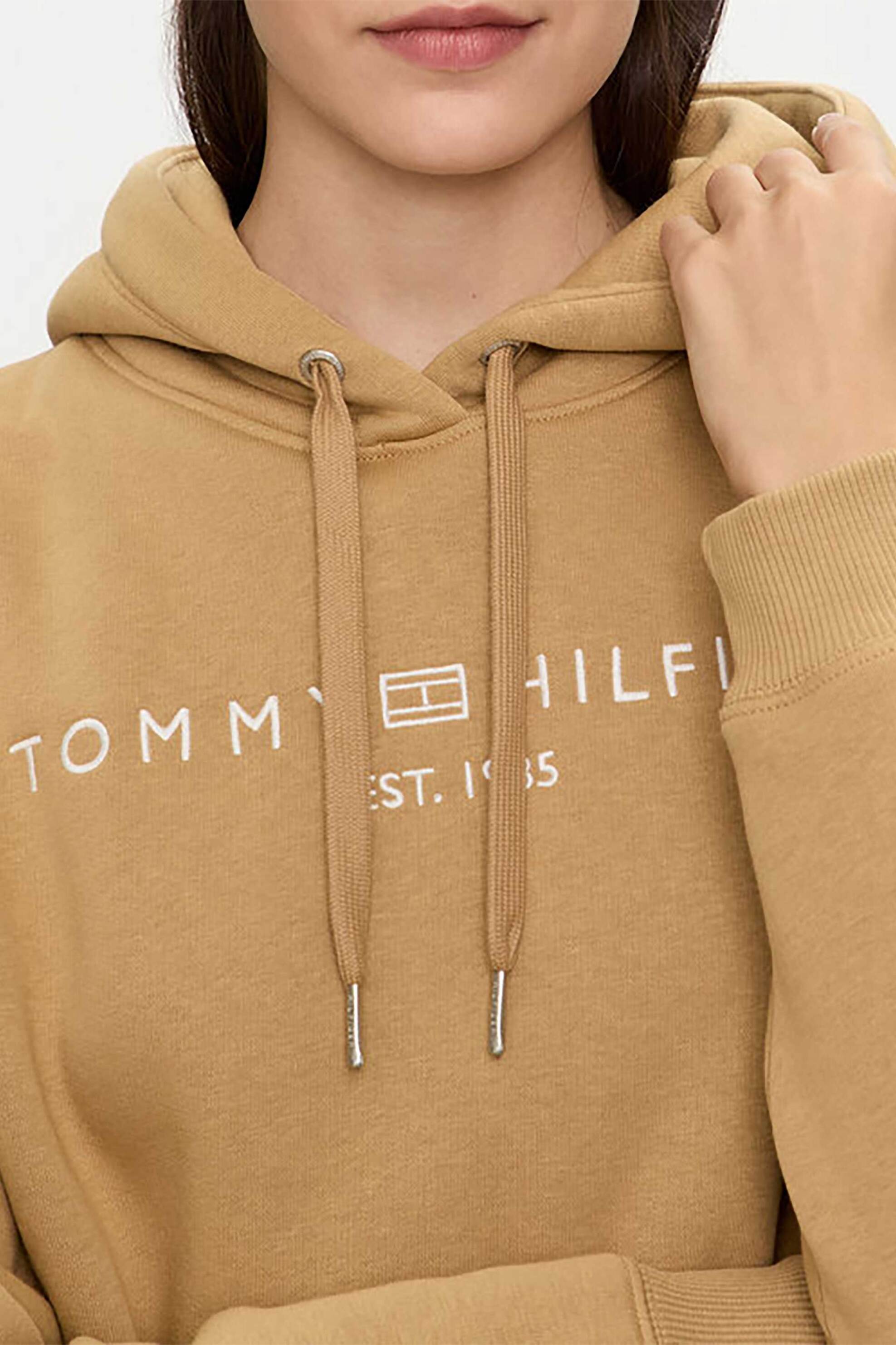 Tommy Hilfiger γυναικεία μπλούζα φούτερ με κουκούλα και λογότυπο Regular Fit - WW0WW43598 Μπεζ φωτογραφία