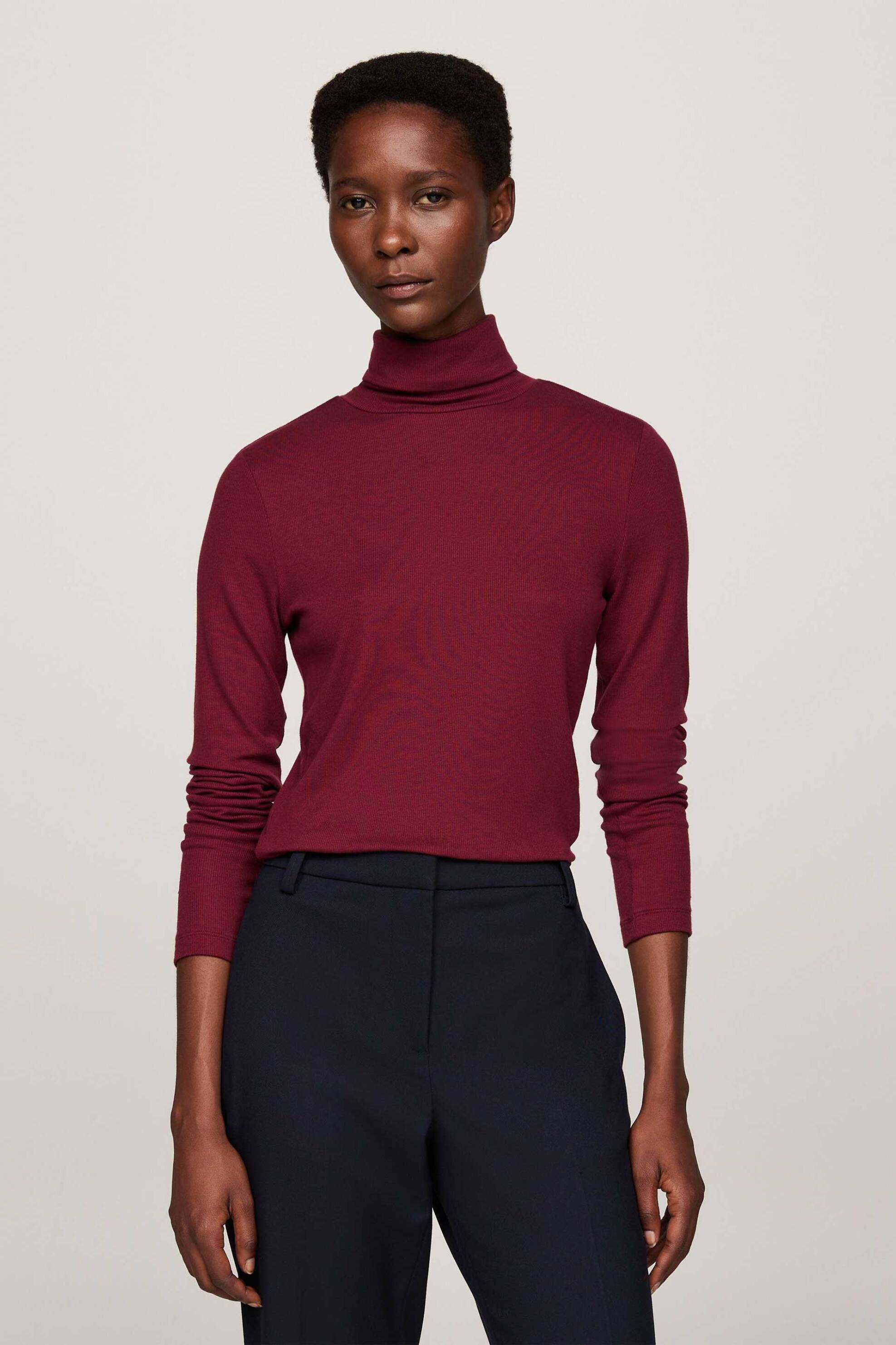 TOMMY HILFIGER Tommy Hilfiger γυναικεία μπλούζα μονόχρωμη με all-over ribbed υφή και ζιβάγκο - WW0WW42093 Μπορντό