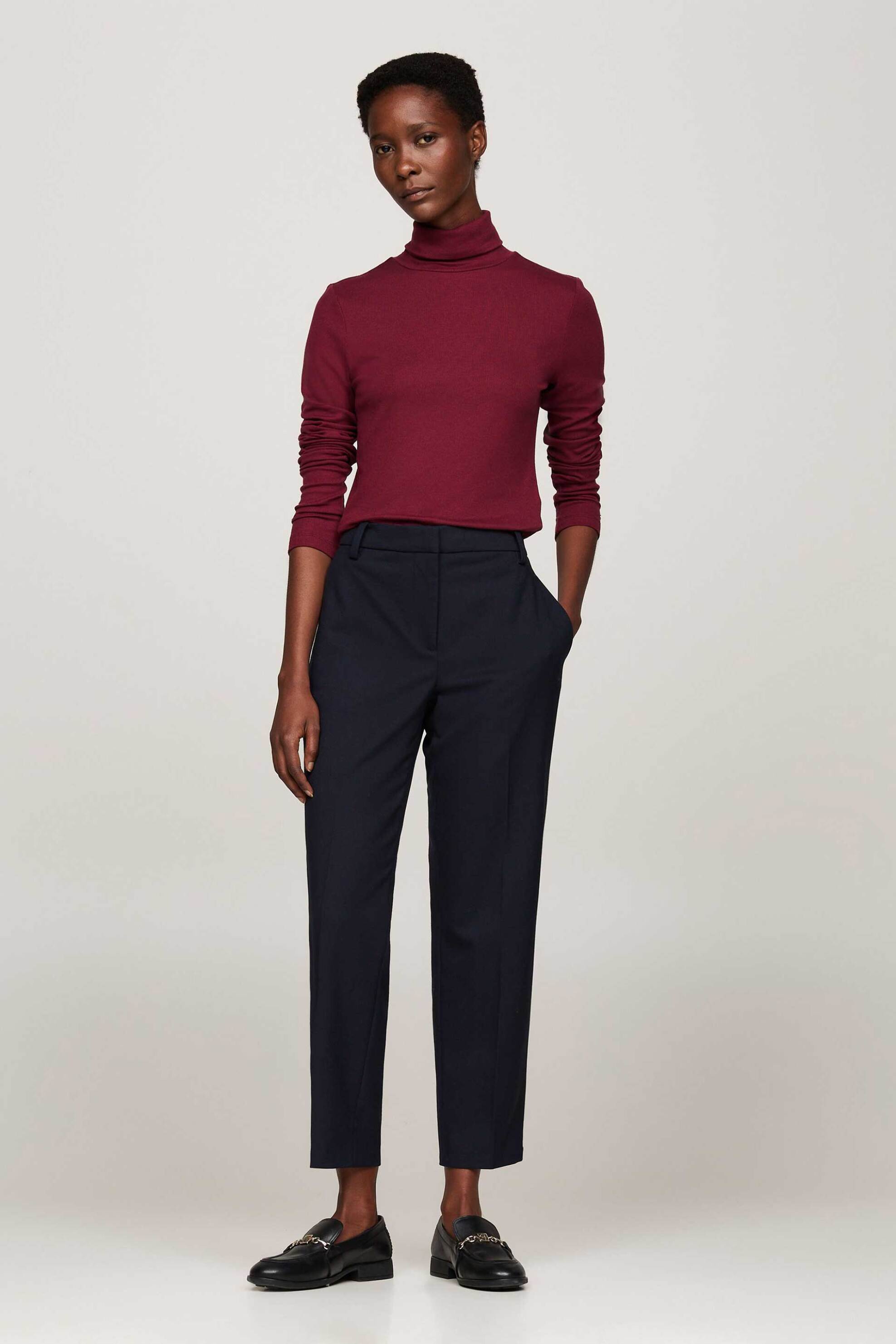 Tommy Hilfiger γυναικεία μπλούζα μονόχρωμη με all-over ribbed υφή και ζιβάγκο - WW0WW42093 Μπορντό φωτογραφία