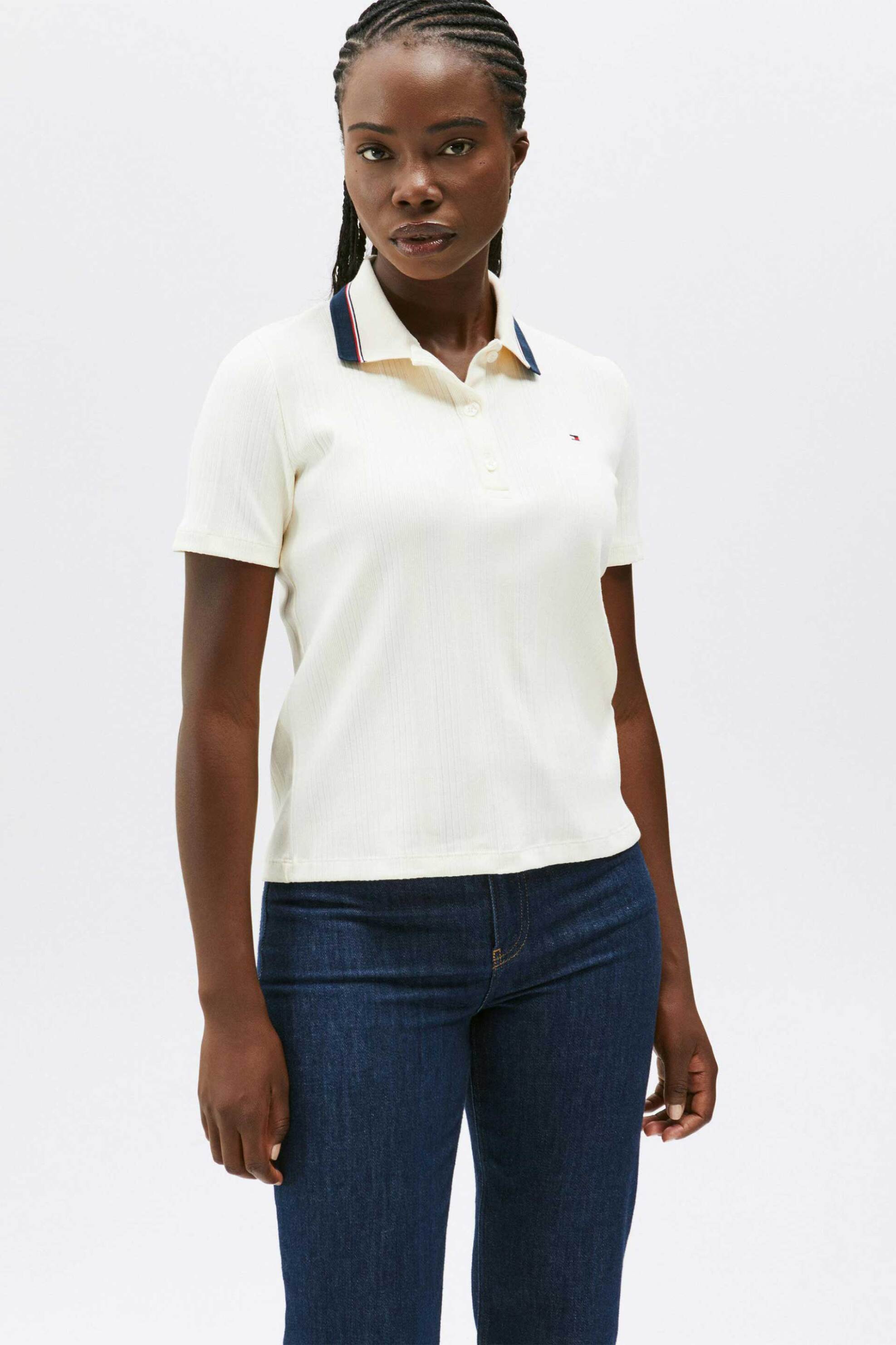 TOMMY HILFIGER Tommy Hilfiger γυναικεία μπλούζα πόλο μονόχρωμη πικέ Regular Fit - WW0WW43925 Υπόλευκο