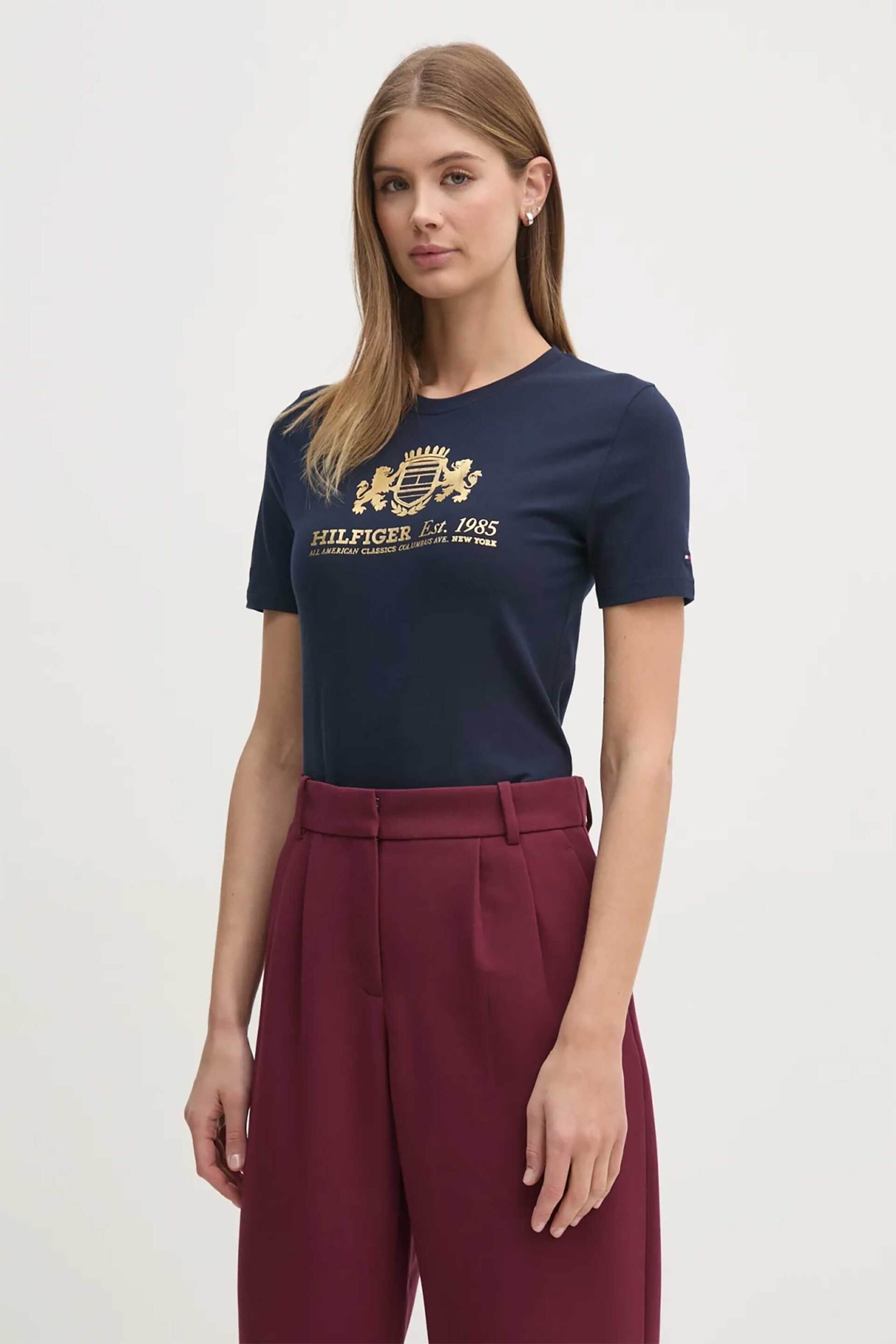  Tommy Hilfiger γυναικείο T-shirt μονόχρωμο με contrast logo print Regular Fit - WW0WW43892 Μπλε Σκούρο 2025
