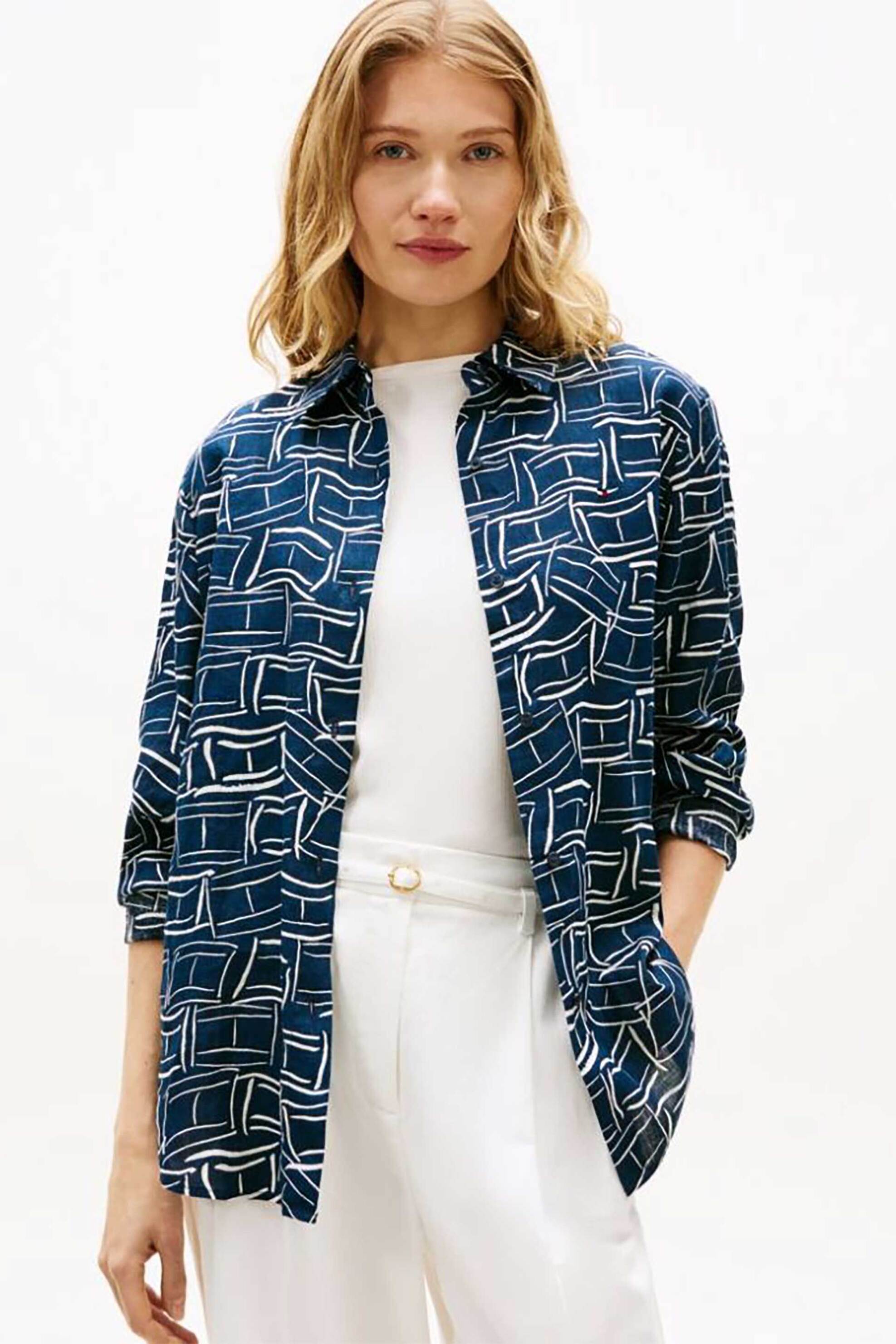 Tommy Hilfiger γυναικείο πουκάμισο με λογότυπο στο στήθος - WW0WW44679 Σκούρο Μπλε