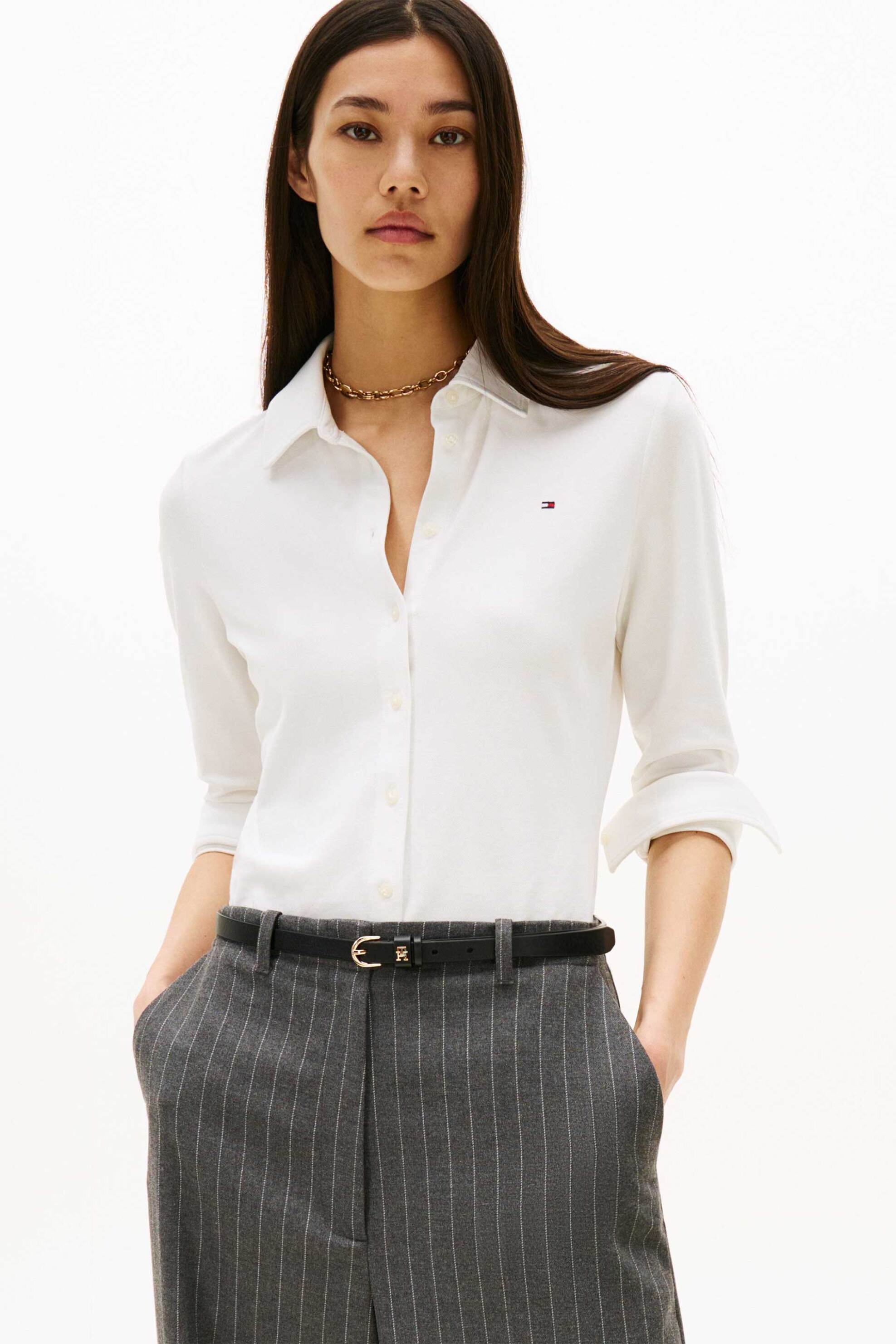 Tommy Hilfiger γυναικείο πικέ πουκάμισο με ριγέ σχέδιο και λογότυπο Sim Fit - WW0WW43528 Εκρού