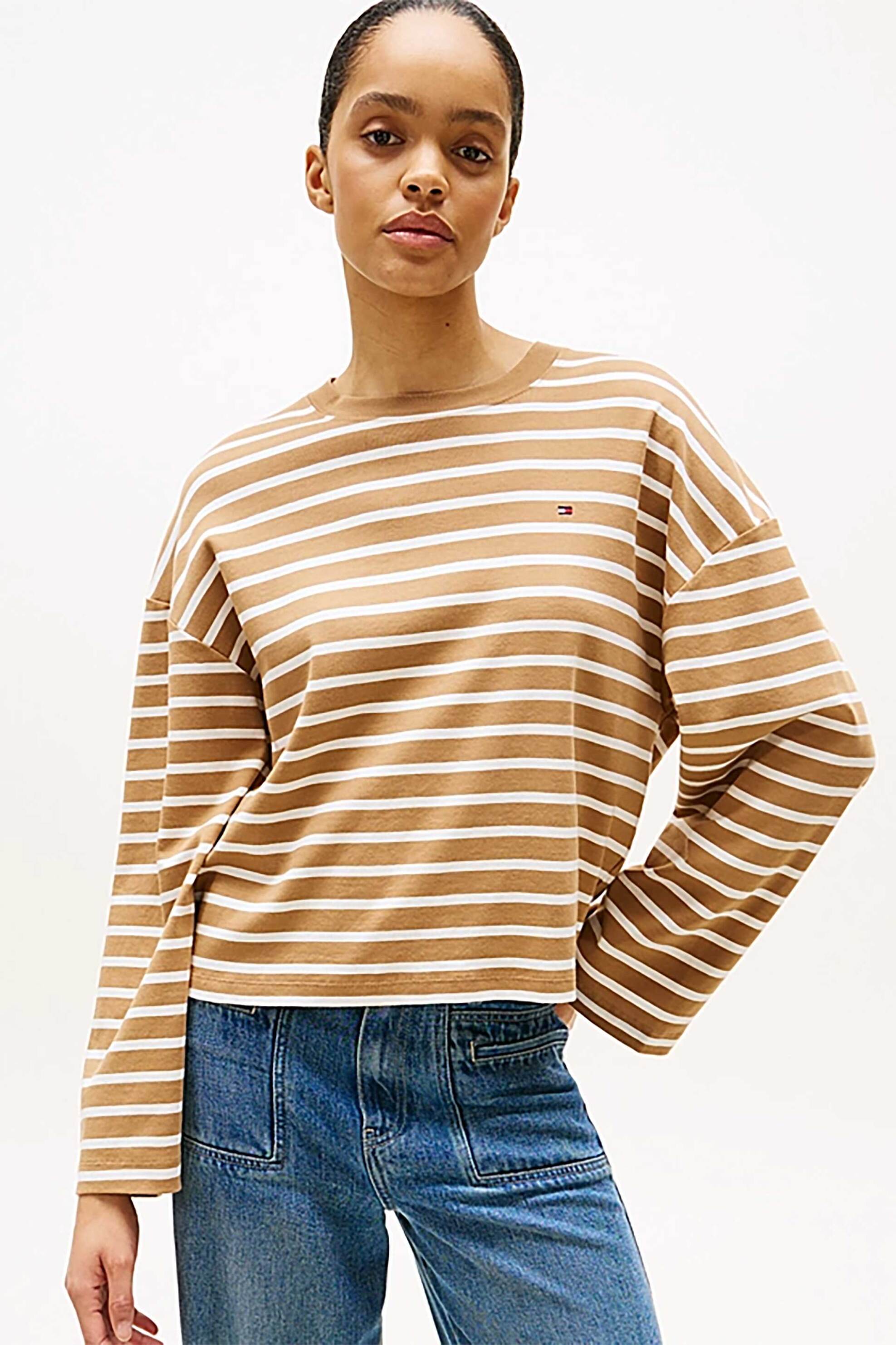 TOMMY HILFIGER Tommy Hilfiger γυναικεία μακρυμάνικη μπλούζα με ριγέ σχέδιο Relaxed Fit - WW0WW45519 Μπεζ
