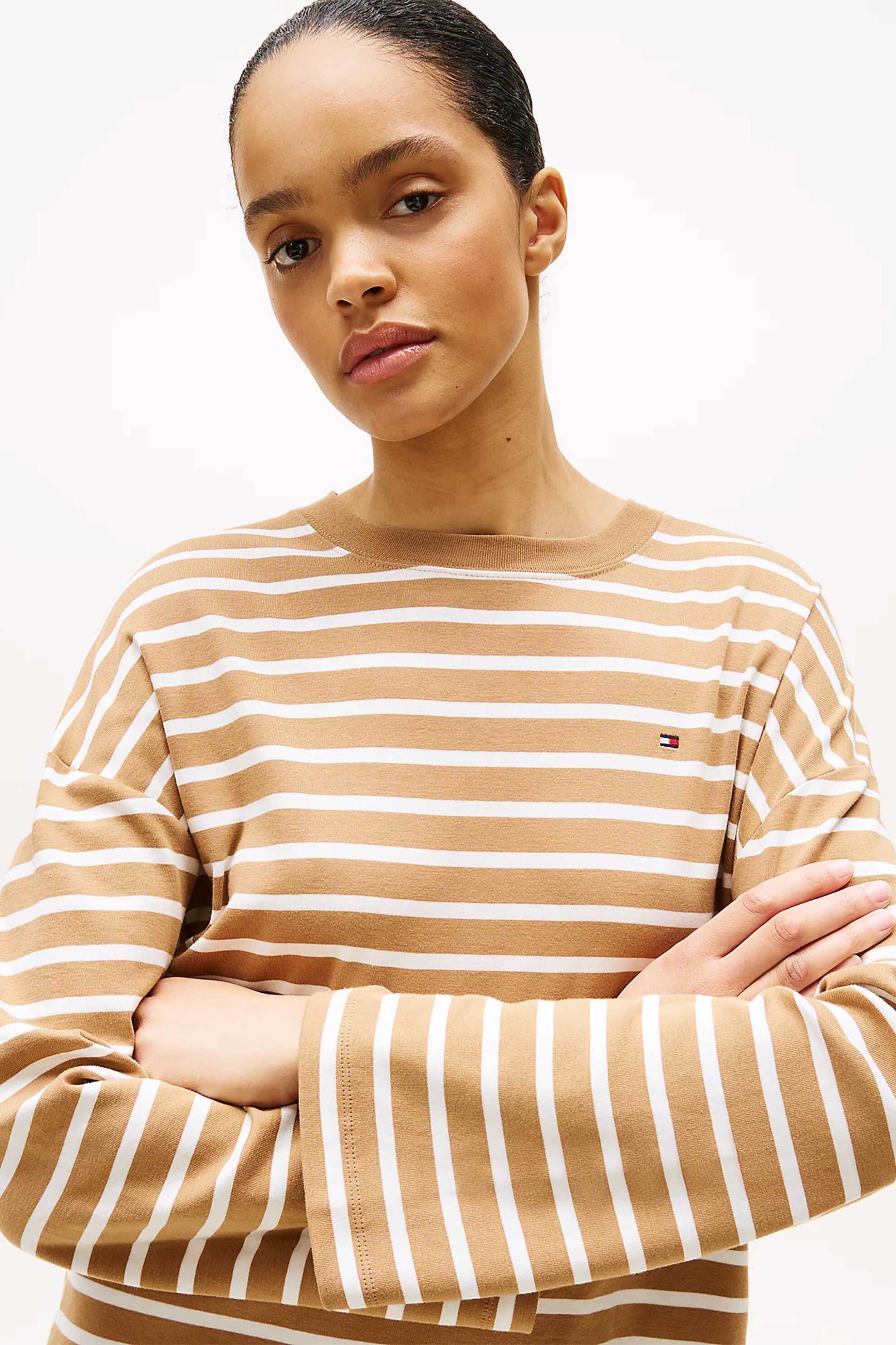 Tommy Hilfiger γυναικεία μακρυμάνικη μπλούζα με ριγέ σχέδιο Relaxed Fit - WW0WW45519 Μπεζ φωτογραφία