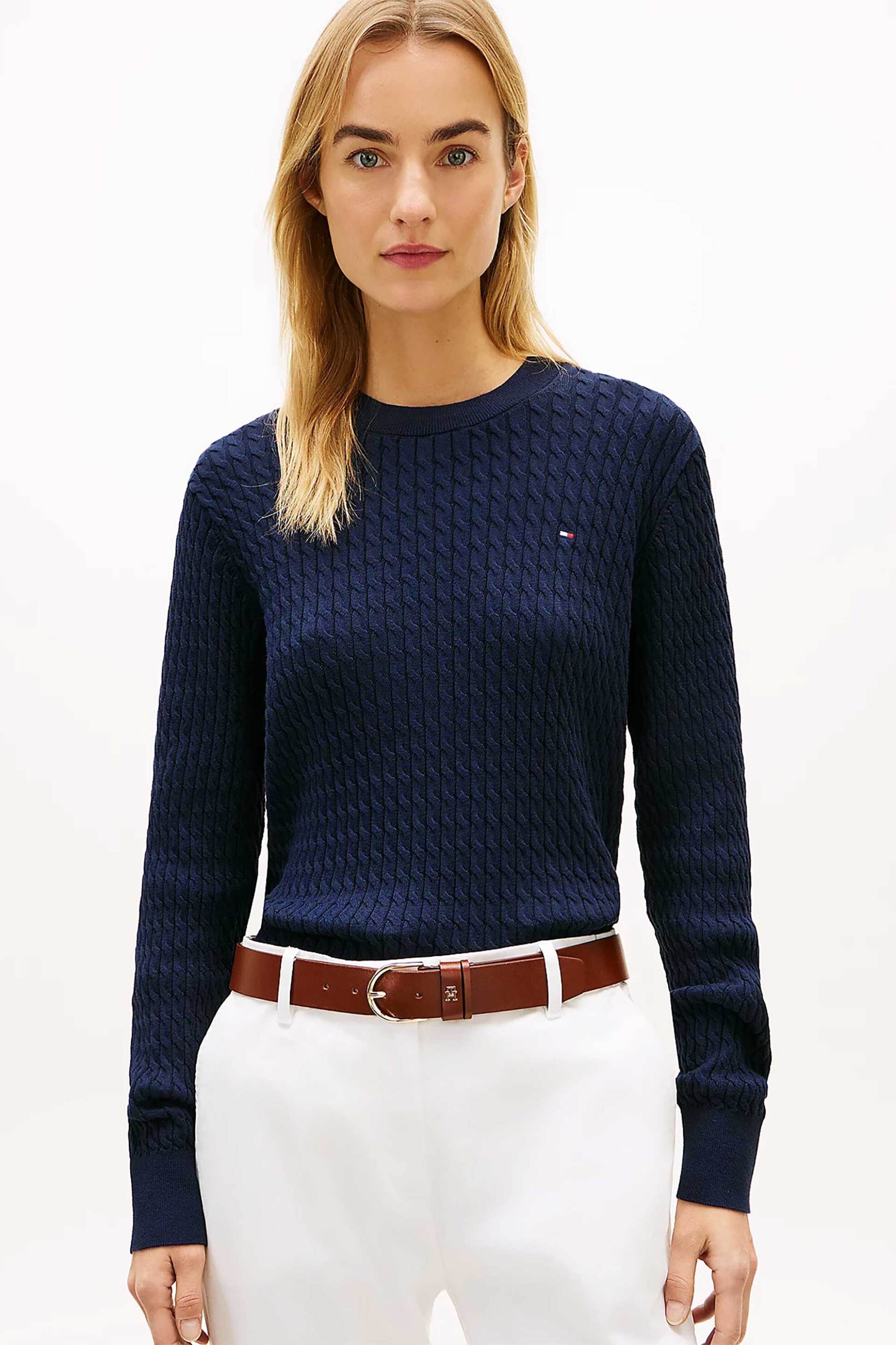 Tommy Hilfiger γυναικείο πουλόβερ με cable knit pattern και κεντημένο λογότυπο Regular Fit - WW0WW44993 Μπλε Σκούρο