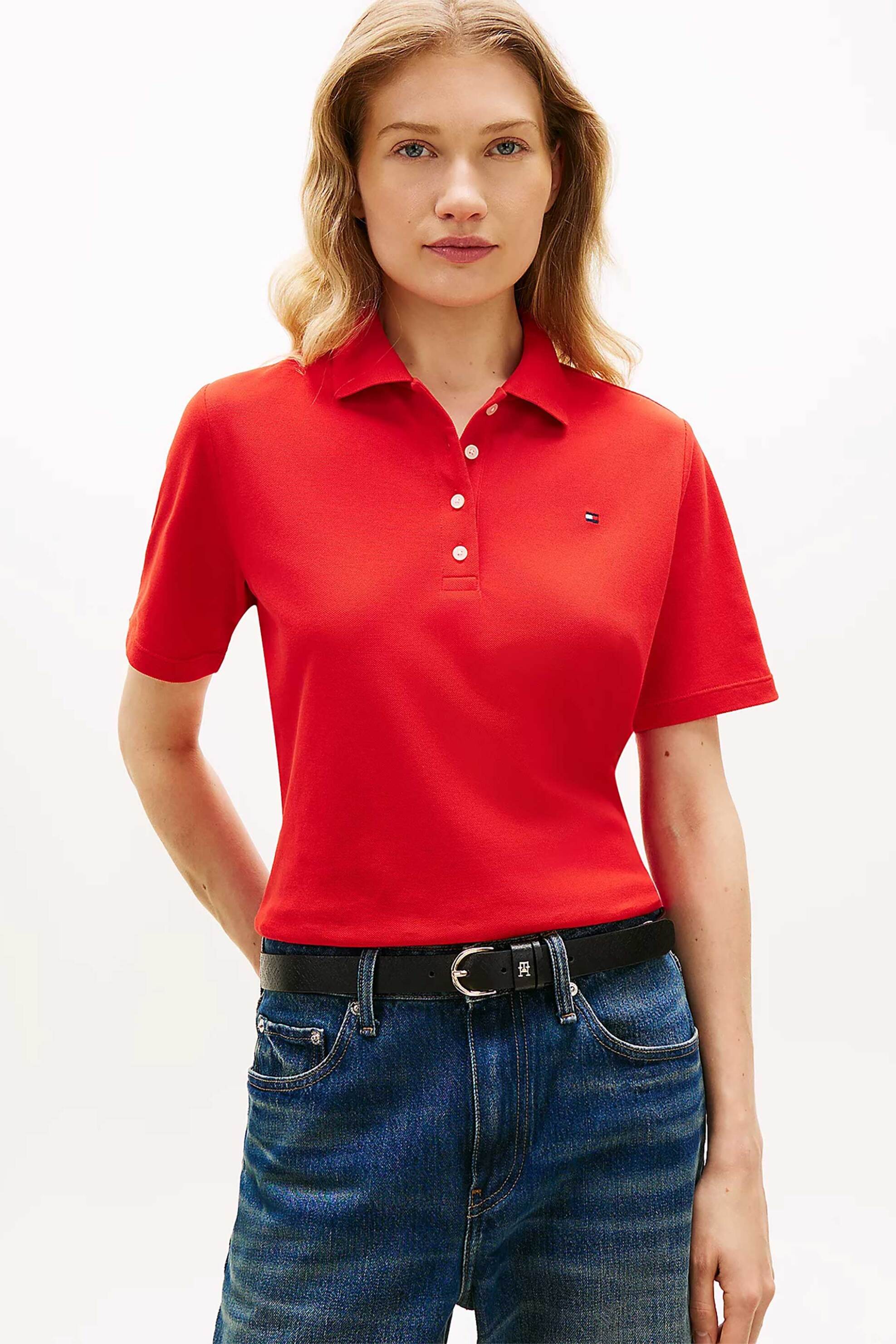 TOMMY HILFIGER Tommy Hilfiger γυναικεία μπλούζα πόλο πικέ με κεντημένο logo flag Regular Fit - WW0WW43224 Κόκκινο