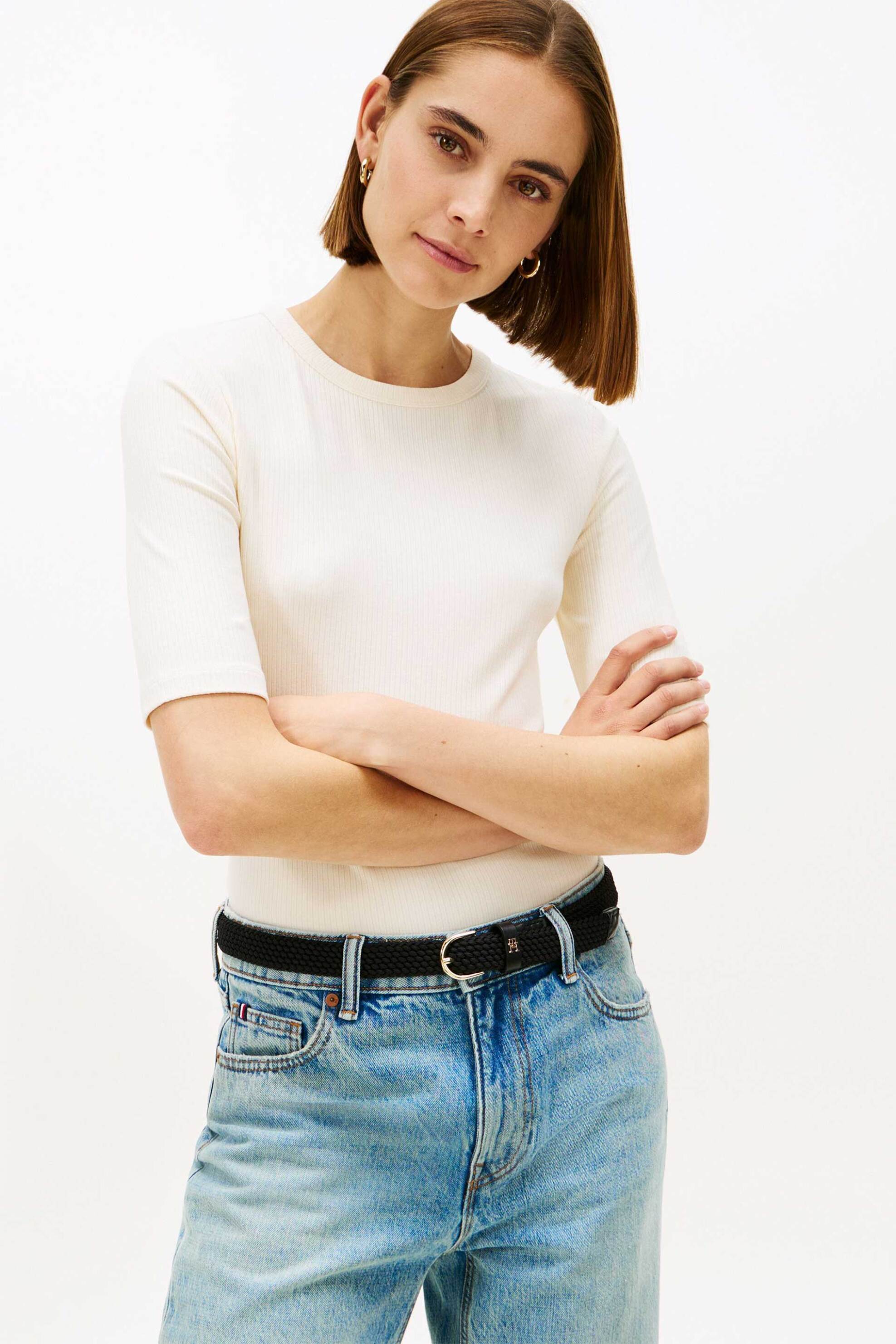 Tommy Hilfiger γυναικεία κοντομάνικη μπλούζα ribbed Slim Fit - WW0WW47308 Κρέμ