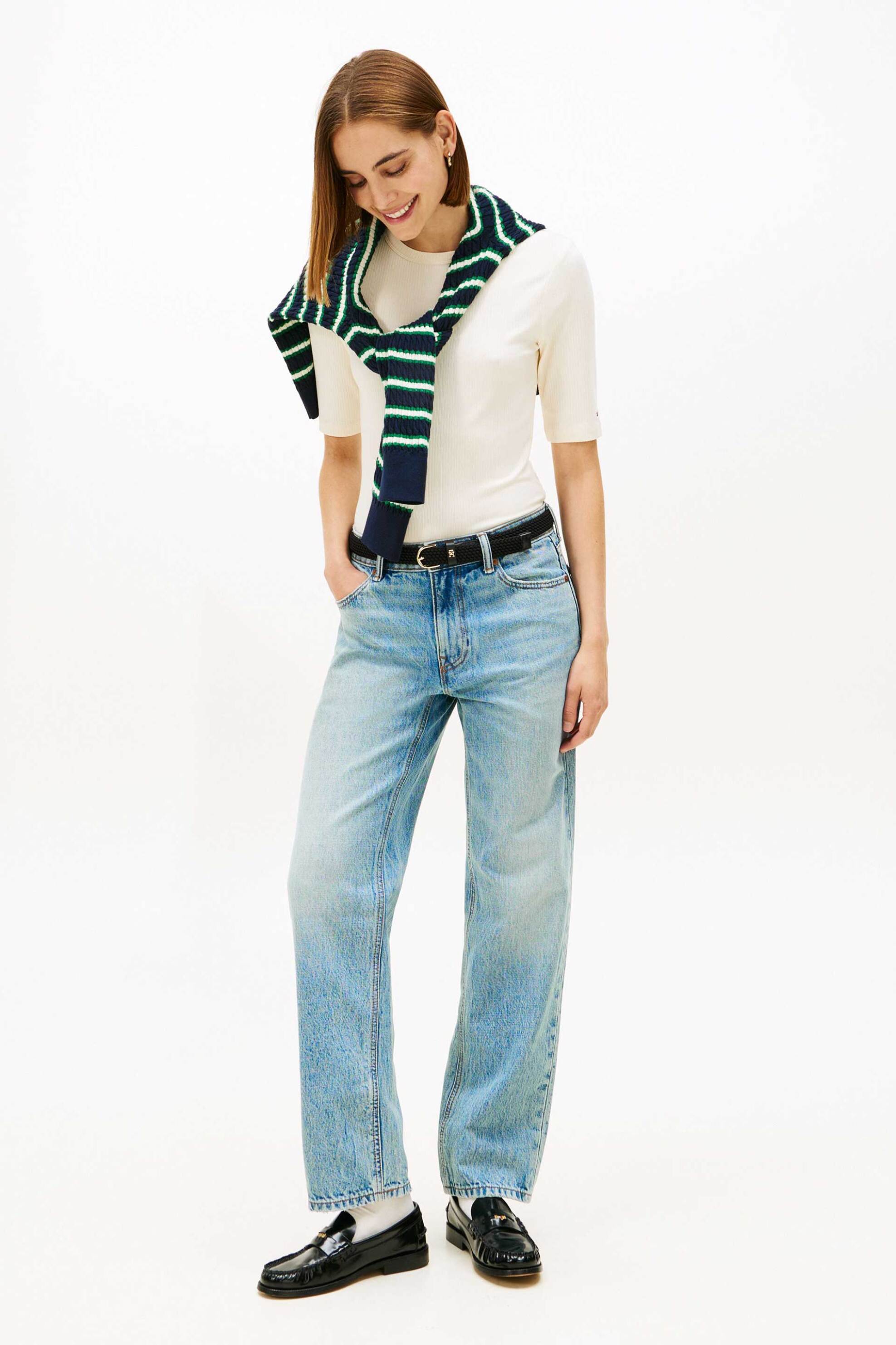 TOMMY HILFIGER Tommy Hilfiger γυναικεία κοντομάνικη μπλούζα ribbed Slim Fit - WW0WW47308 Κρέμ - 3