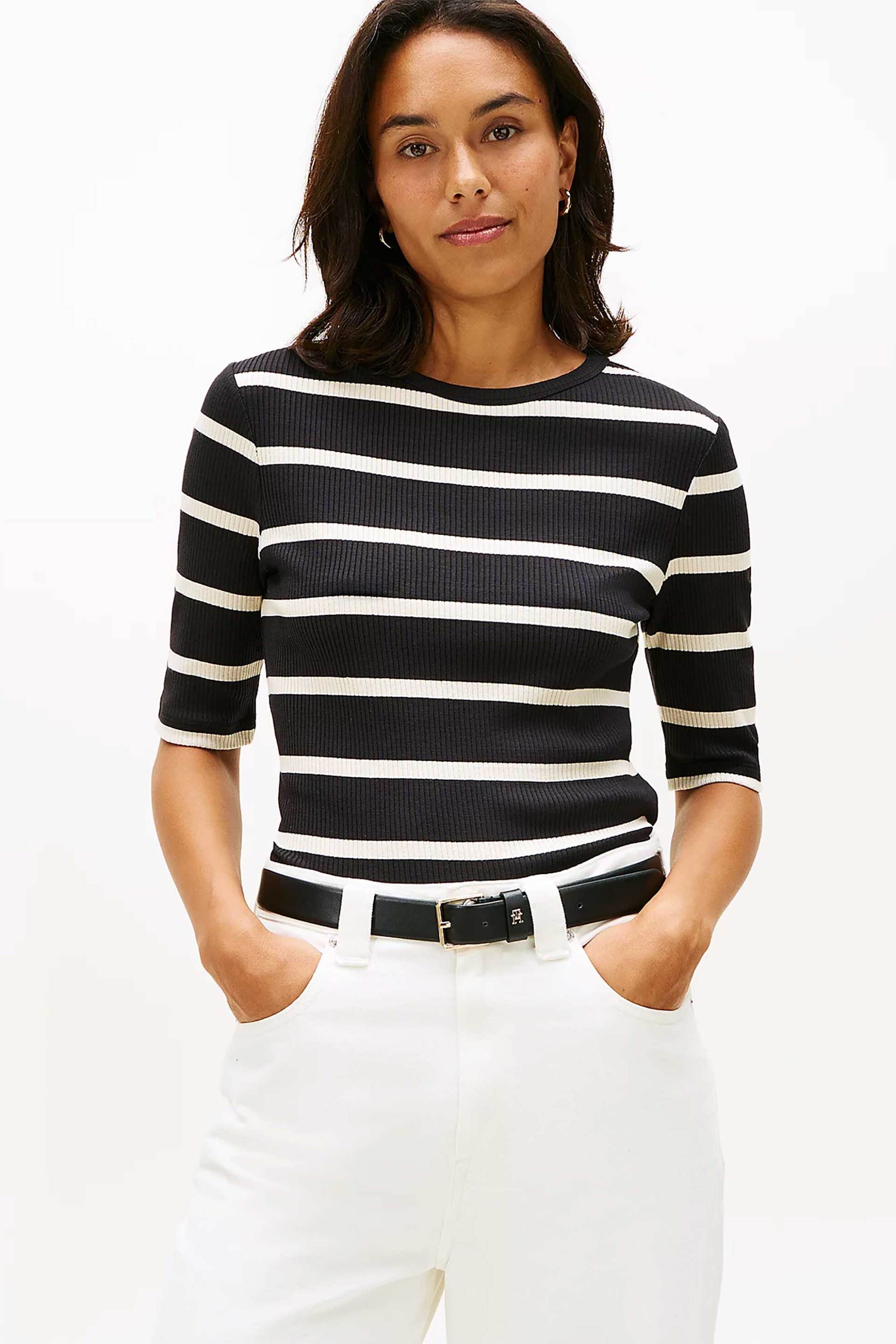 Tommy Hilfiger γυναικεία κοντομάνικη μπλούζα ribbed Slim Fit - WW0WW47308 Μαύρο