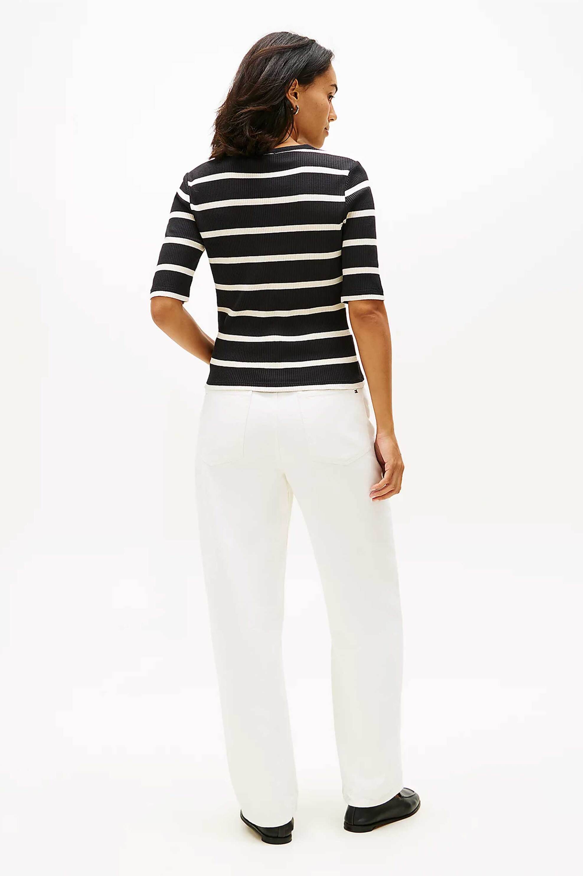 Tommy Hilfiger Γυναικεία Κοντομάνικη Μπλούζα Ribbed Slim Fit - Ww0Ww47308 Μαύρο