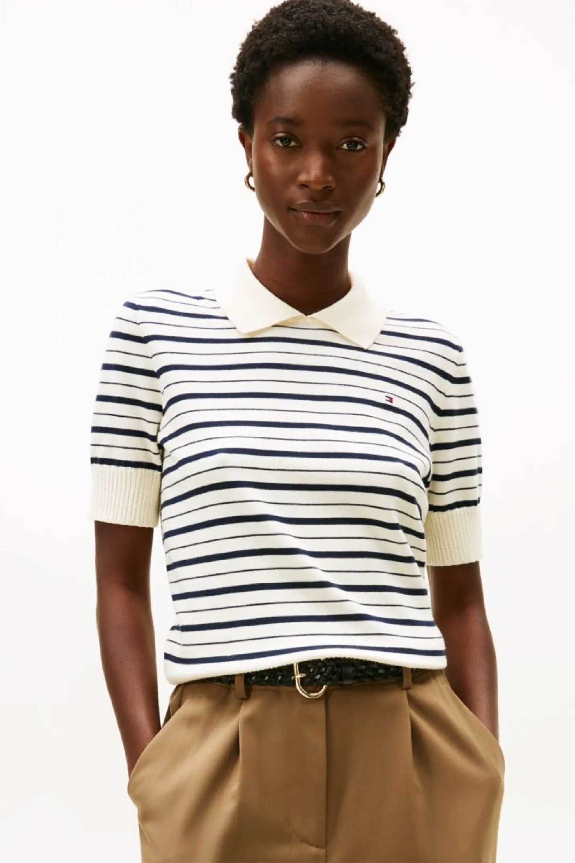 Tommy Hilfiger γυναικεία μπλούζα πόλο πλεκτή με κεντημένο logo - WW0WW47622 Λευκό - Μπλε