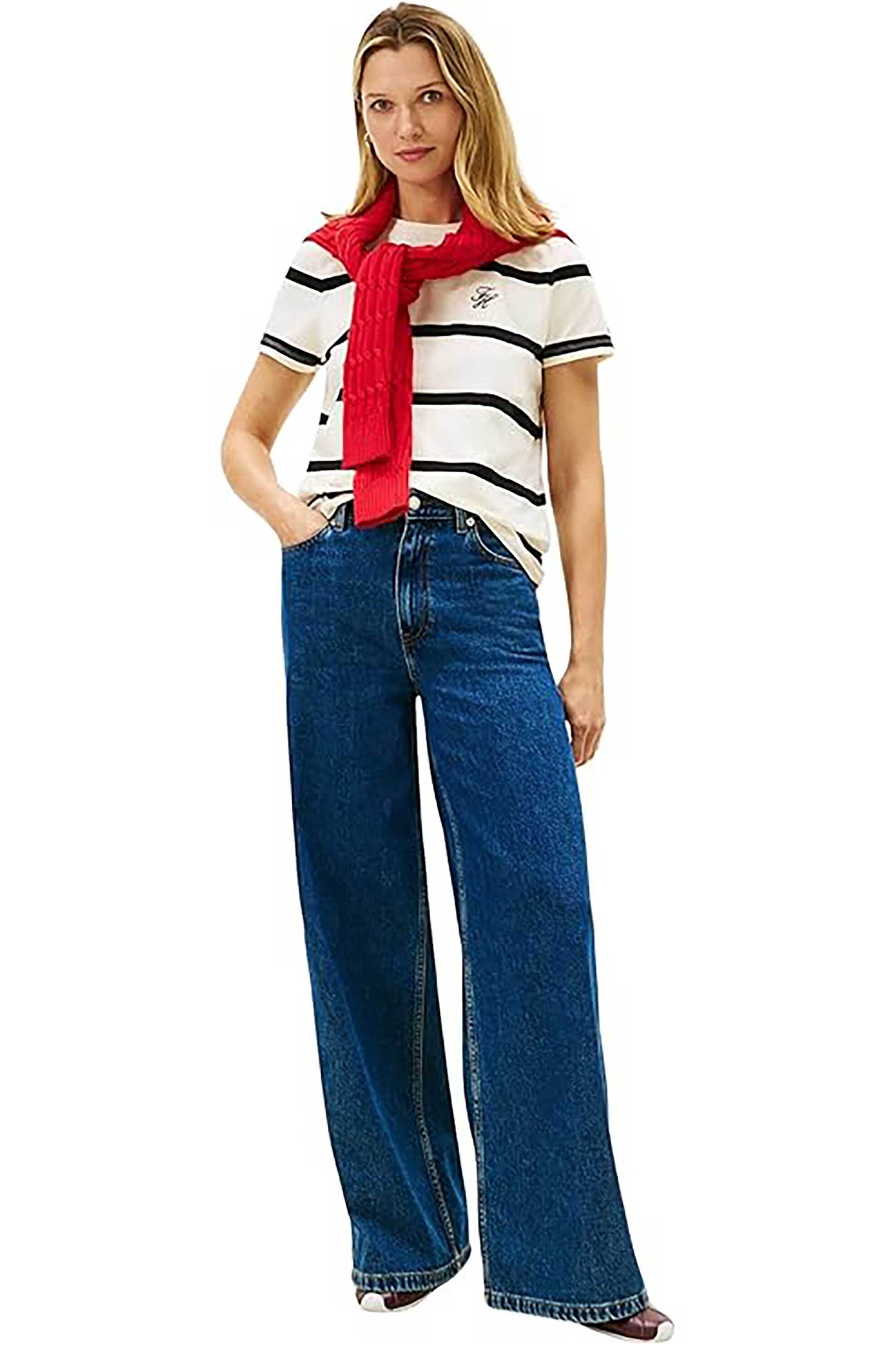 TOMMY HILFIGER Tommy Hilfiger γυναικείο T-shirt με ριγέ σχέδιο και κεντημένο monogram Regular Fit - WW0WW47809 Κρέμ - 3