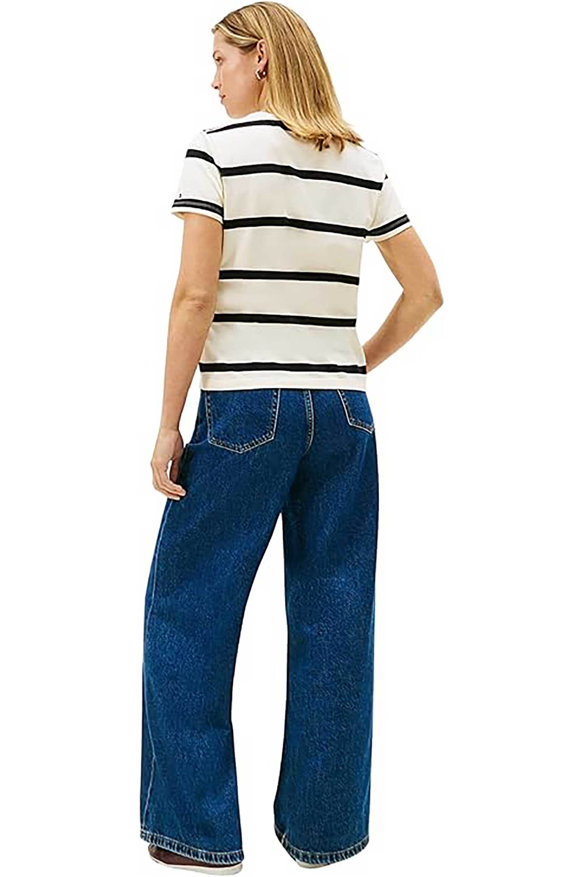 Tommy Hilfiger Γυναικείο T-Shirt με Ριγέ Σχέδιο Και Κεντημένο Monogram Regular Fit - Ww0Ww47809 Κρέμ