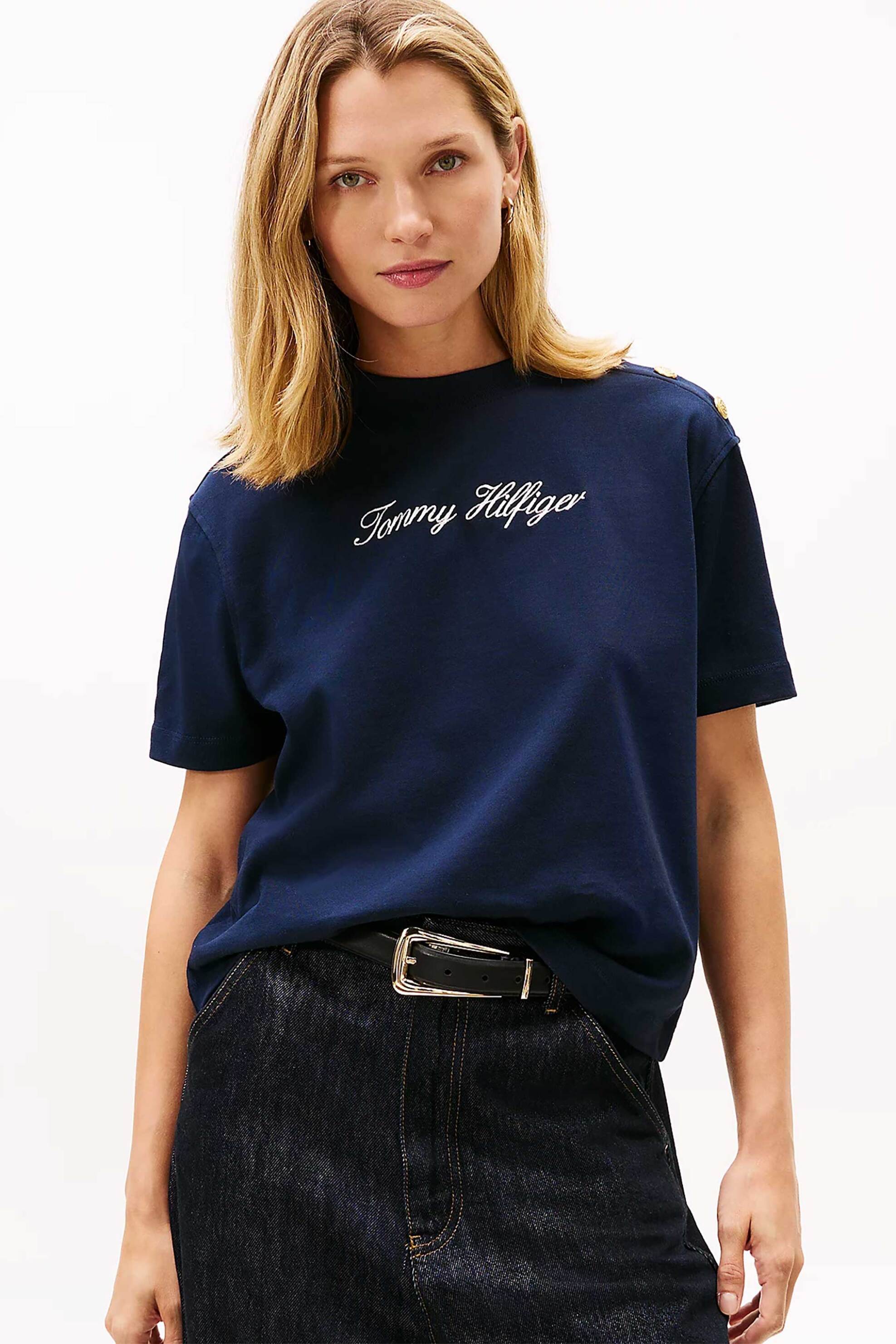 TOMMY HILFIGER Tommy Hilfiger γυναικείο T-shirt με κεντημένο λογότυπο και χρυσά κουμπιά στον ώμο Relaxed Fit - WW0WW47819 Μπλε Σκούρο
