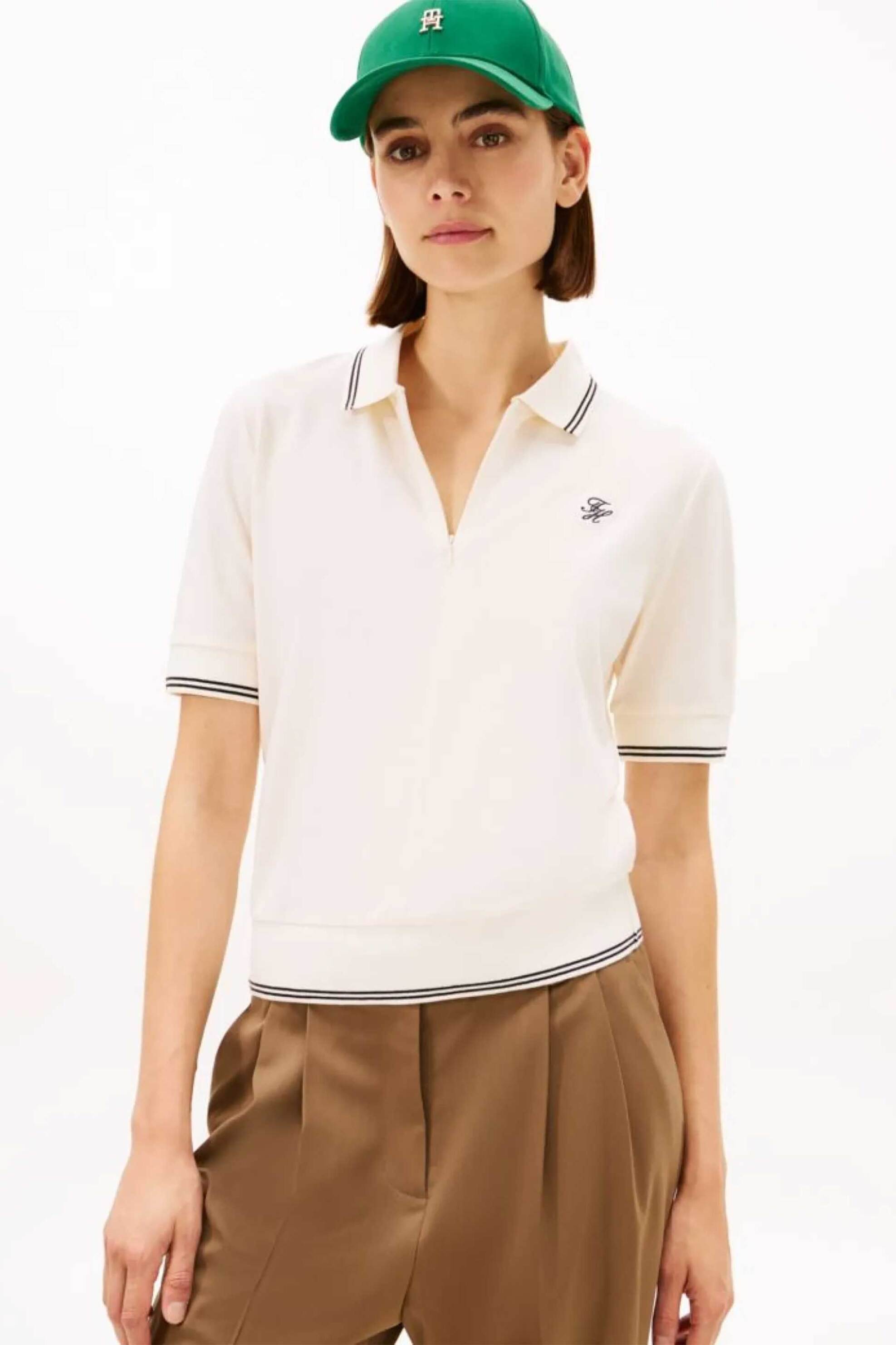Tommy Hilfiger γυναικεία μπλούζα πόλο πικέ με φερμουάρ και κεντημένο monogram Regular Fit - WW0WW47853 Κρέμ