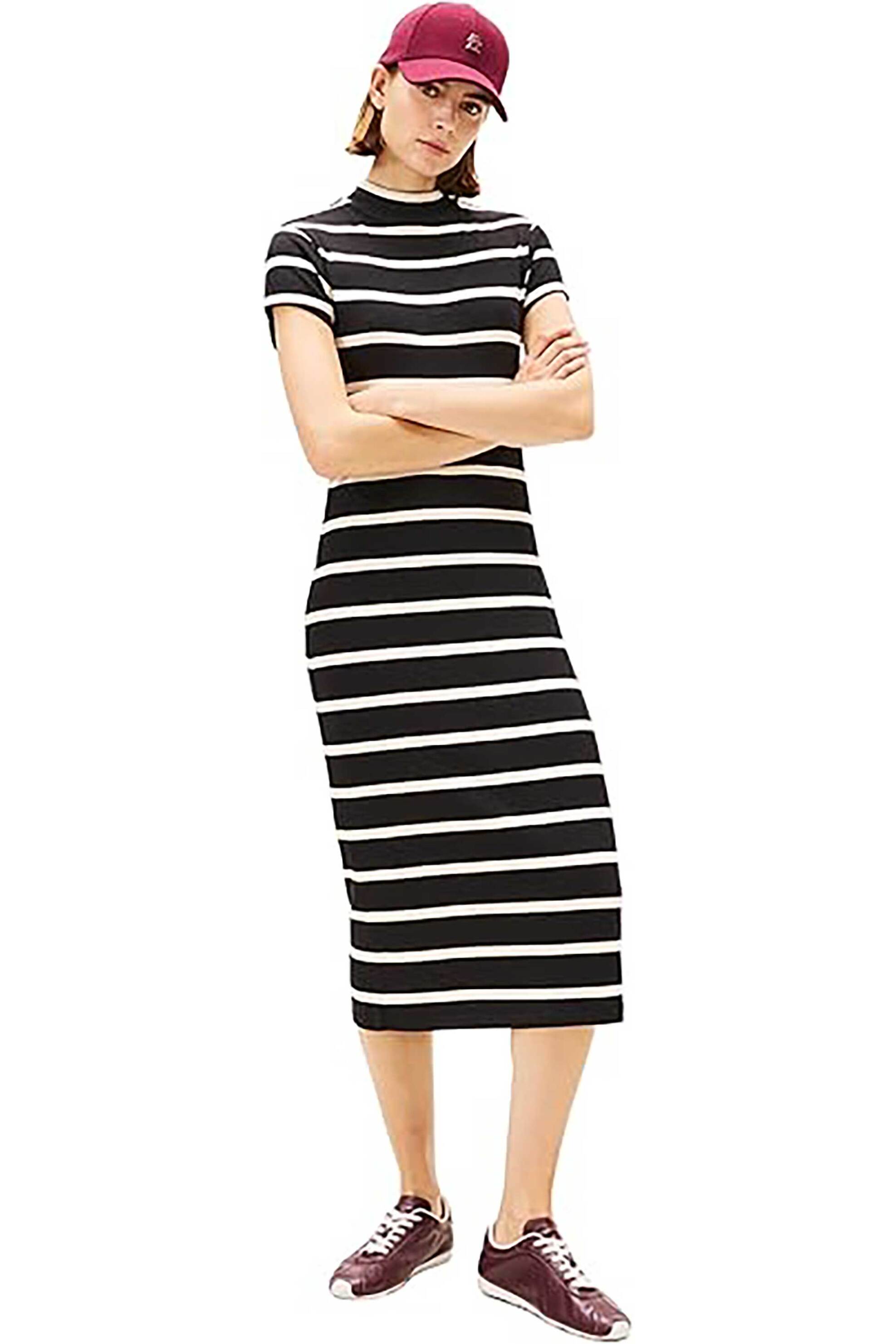 Tommy Hilfiger γυναικείο midi φόρεμα ribbed με ριγέ σχέδιο Slim Fit - WW0WW47860 Μαύρο