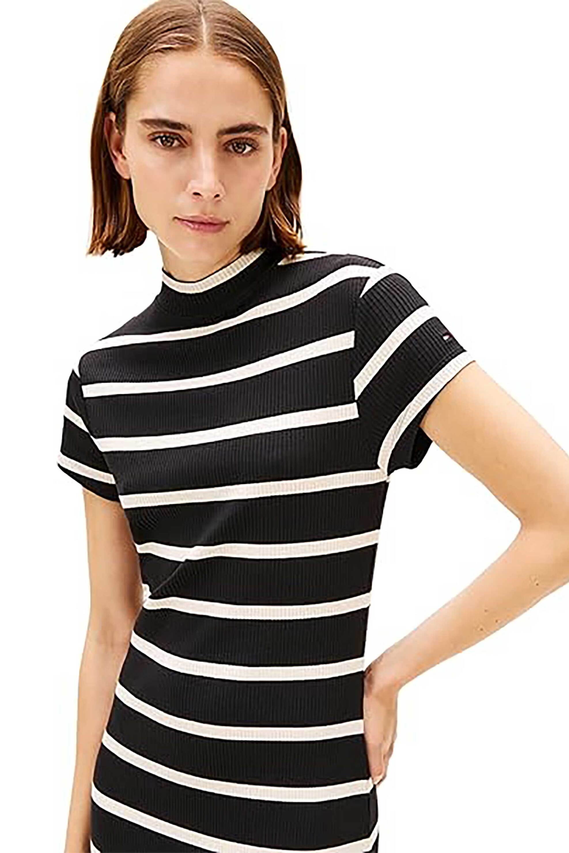 Tommy Hilfiger γυναικείο midi φόρεμα ribbed με ριγέ σχέδιο Slim Fit - WW0WW47860 Μαύρο