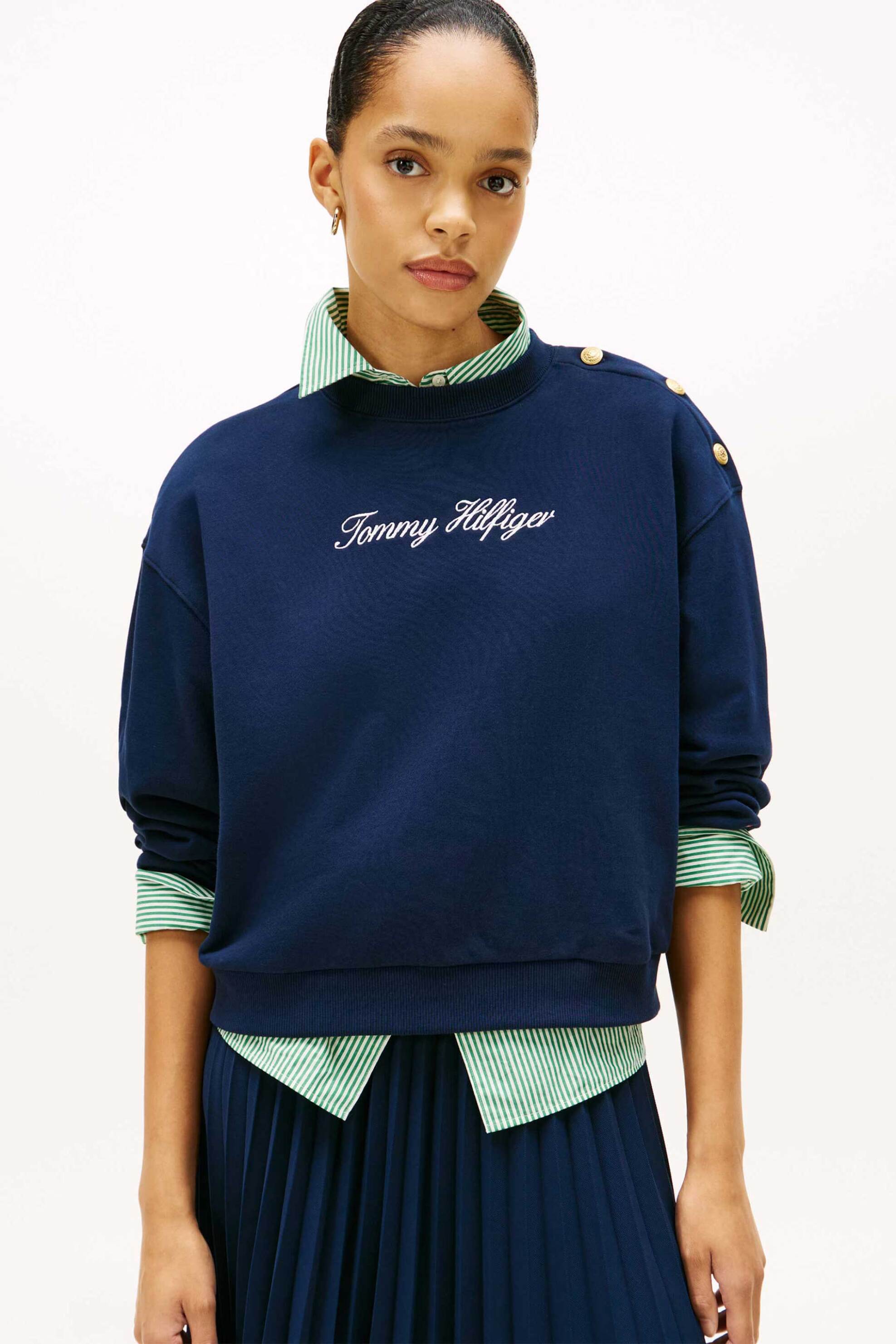 TOMMY HILFIGER Tommy Hilfiger γυναικεία μπλούζα φούτερ με λογότυπο και διακοσμητικά κουμπιά στον ώμο Regular Fit - WW0WW48783 Μπλε Σκούρο