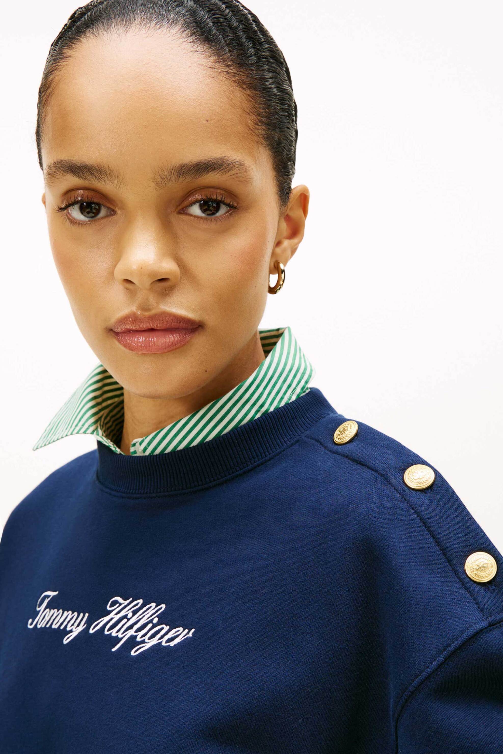 TOMMY HILFIGER Tommy Hilfiger γυναικεία μπλούζα φούτερ με λογότυπο και διακοσμητικά κουμπιά στον ώμο Regular Fit - WW0WW48783 Μπλε Σκούρο - 2