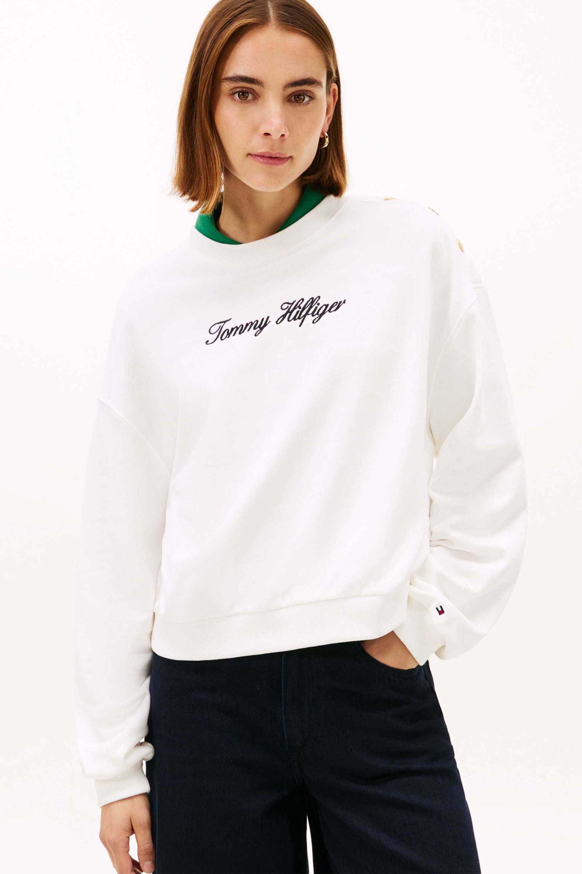 TOMMY HILFIGER Tommy Hilfiger γυναικεία μπλούζα φούτερ με λογότυπο και διακοσμητικά κουμπιά στον ώμο Regular Fit - WW0WW48783 Εκρού