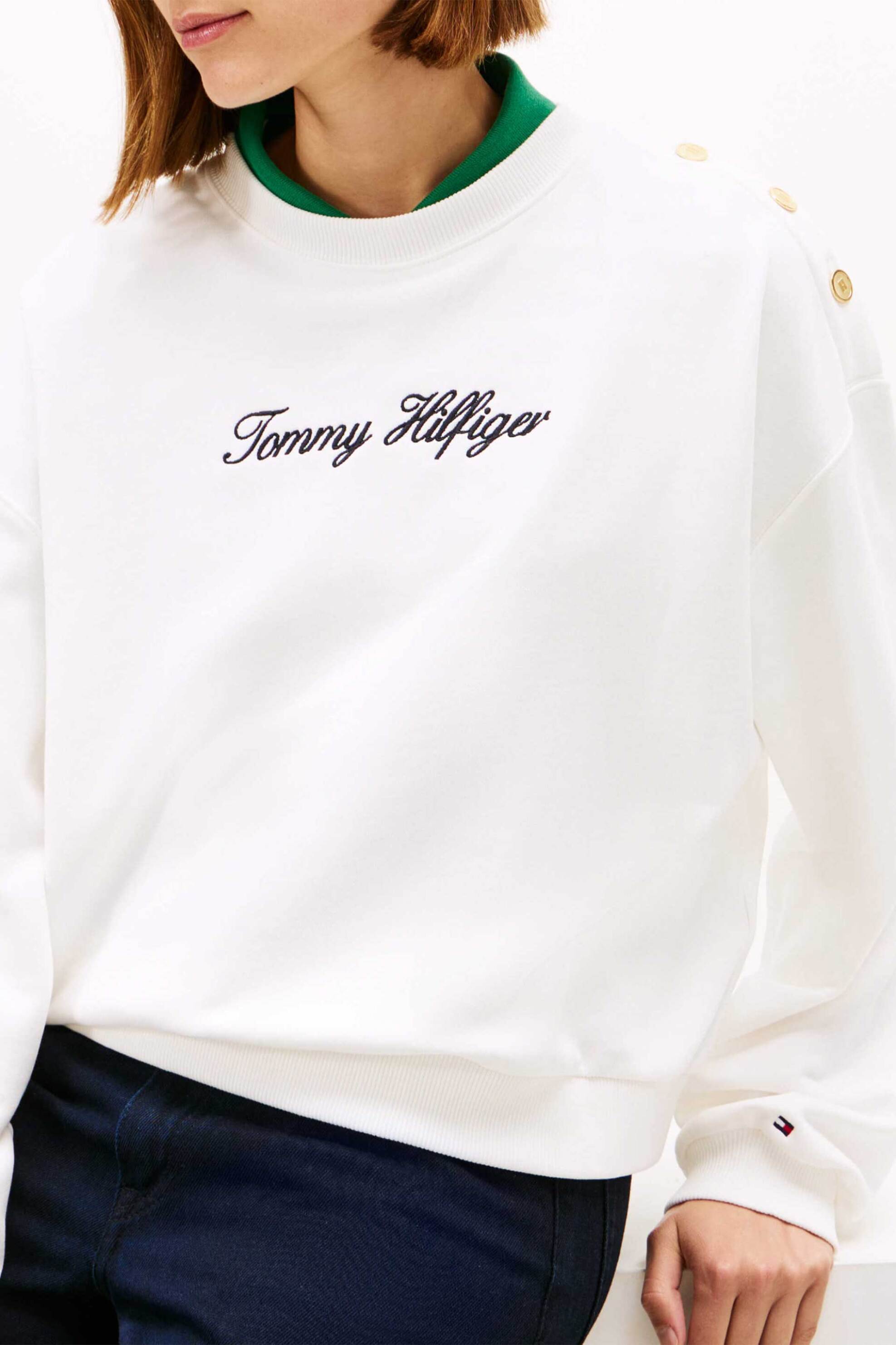 TOMMY HILFIGER Tommy Hilfiger γυναικεία μπλούζα φούτερ με λογότυπο και διακοσμητικά κουμπιά στον ώμο Regular Fit - WW0WW48783 Εκρού - 2