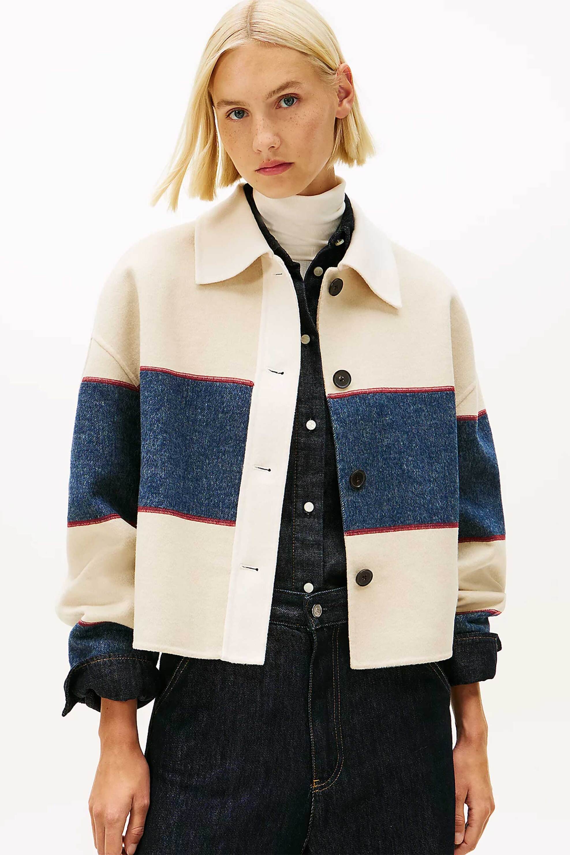 Tommy Hilfiger γυναικείο jacket cropped με rugby stripe pattern Oversized Fit - WW0WW47743 Κρέμ