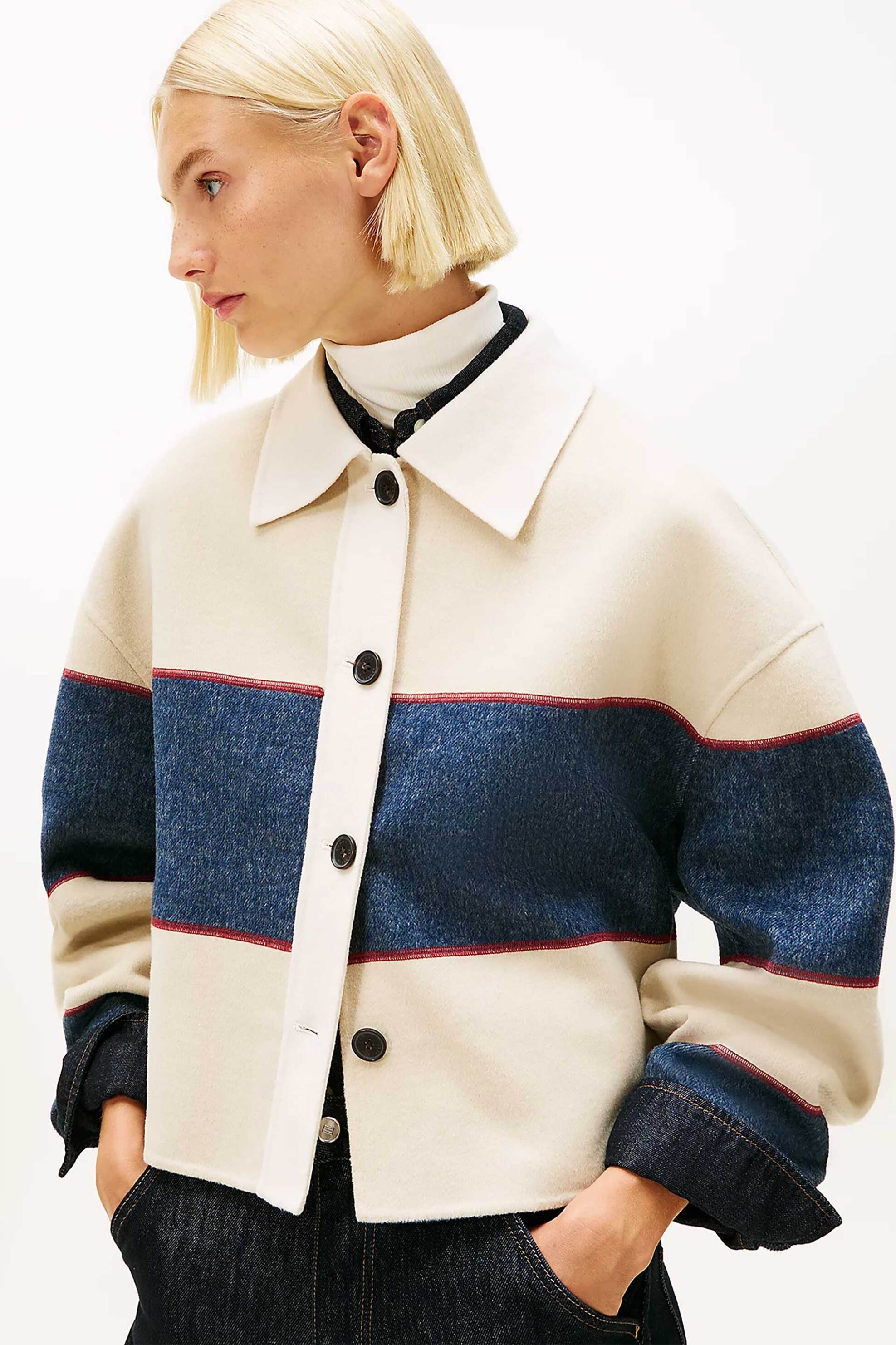 Tommy Hilfiger γυναικείο jacket cropped με rugby stripe pattern Oversized Fit - WW0WW47743 Κρέμ φωτογραφία
