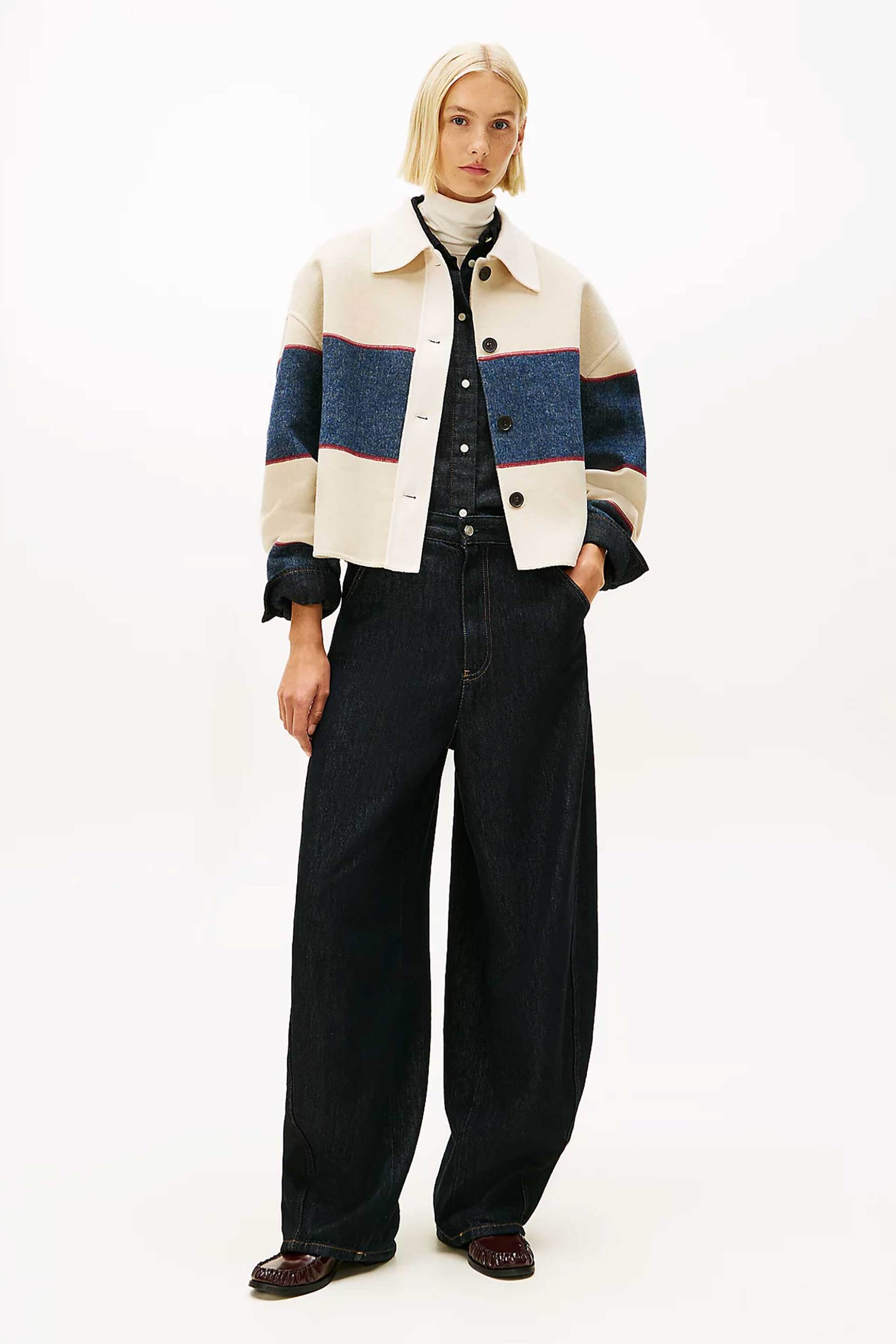 Tommy Hilfiger γυναικείο jacket cropped με rugby stripe pattern Oversized Fit - WW0WW47743 Κρέμ φωτογραφία
